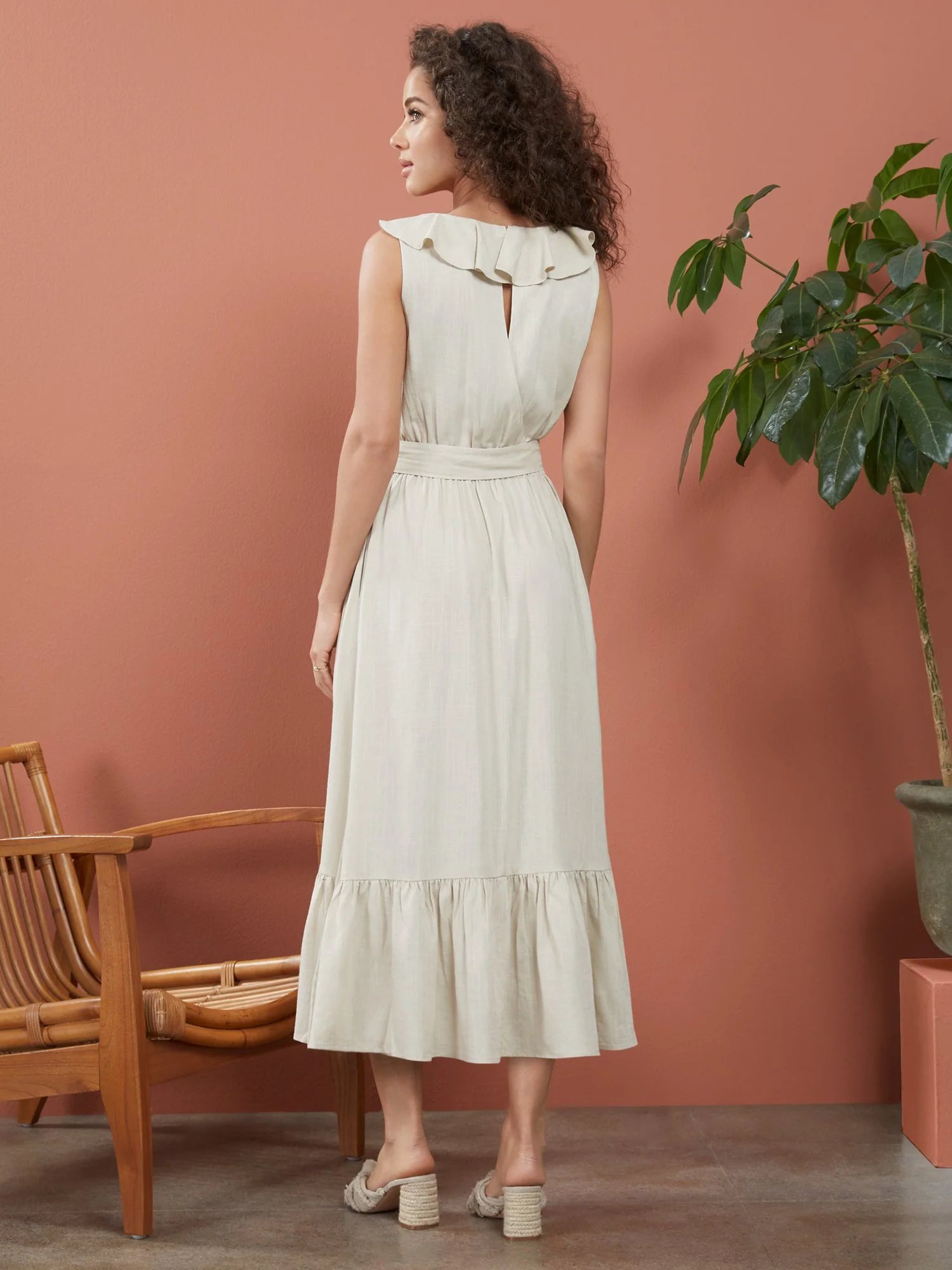 Linen-Blend Ruffle Midi Wrap Dress - Image 3