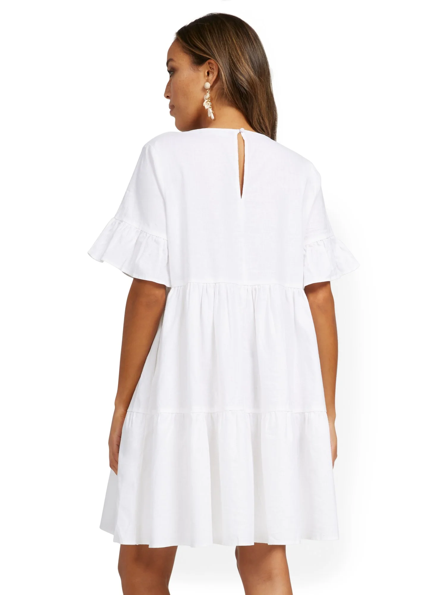 Linen-Blend Ruffle-Sleeve V-Neck Dress - Image 3
