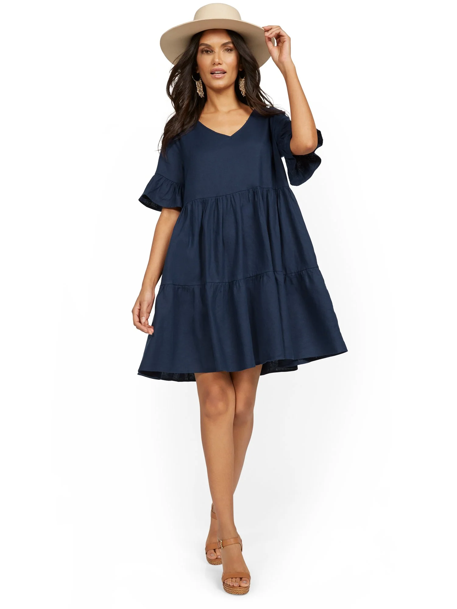 Linen-Blend Ruffle-Sleeve V-Neck Dress - Image 6