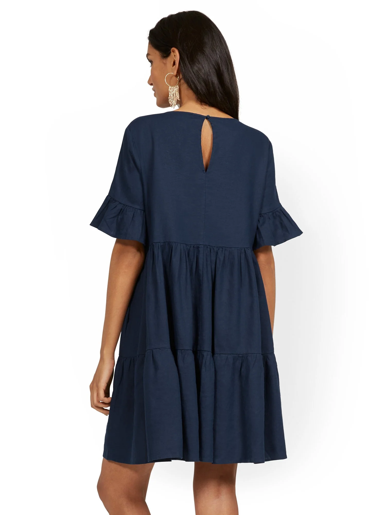 Linen-Blend Ruffle-Sleeve V-Neck Dress - Image 7