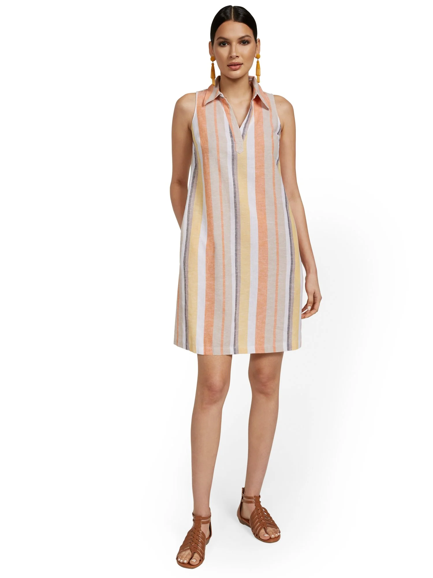 Linen-Blend Split-Neck Tank Dress - Stripe - Image 2