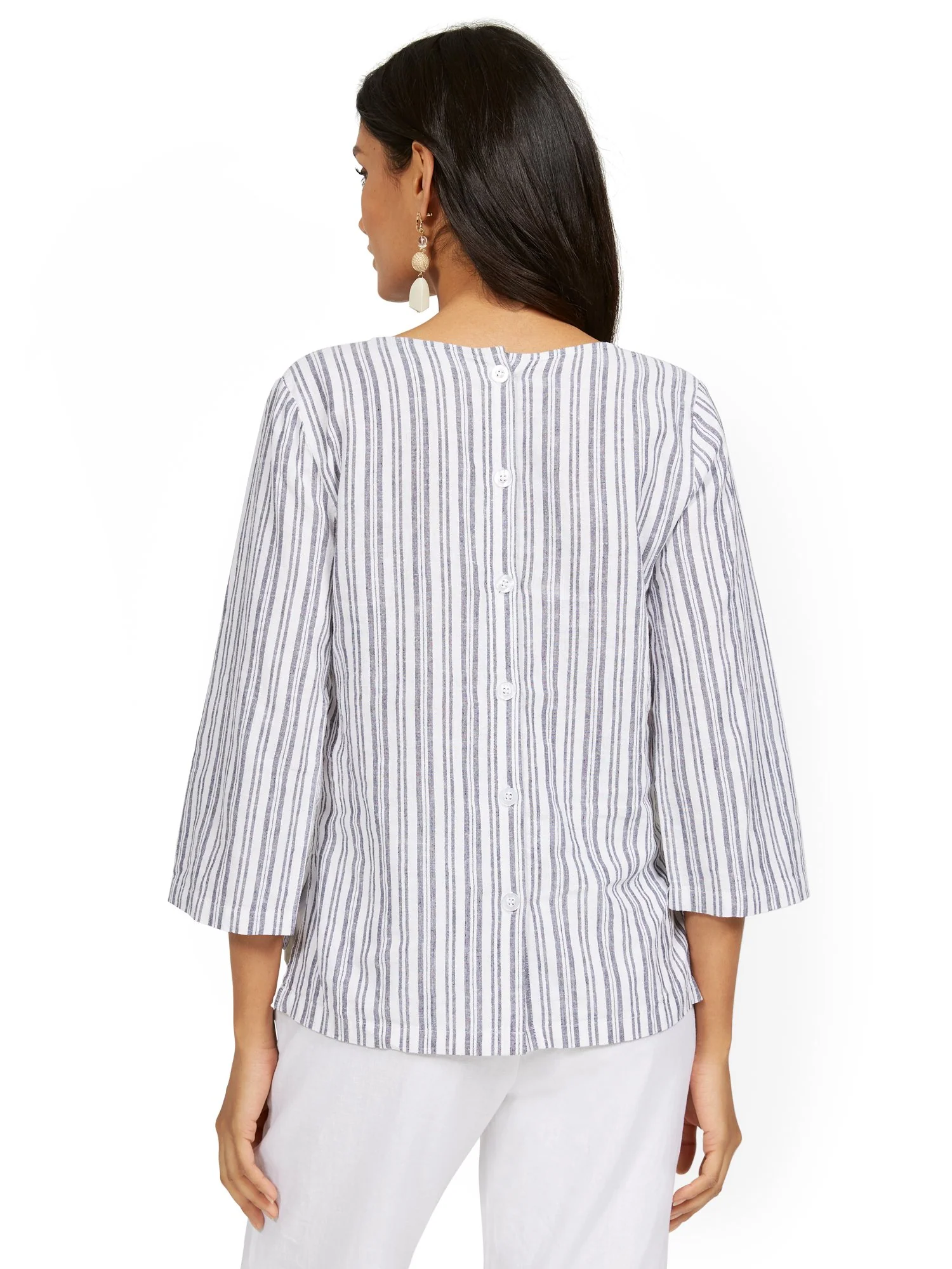 Linen-Blend Striped 3/4-Sleeve V-Neck Top - Image 3