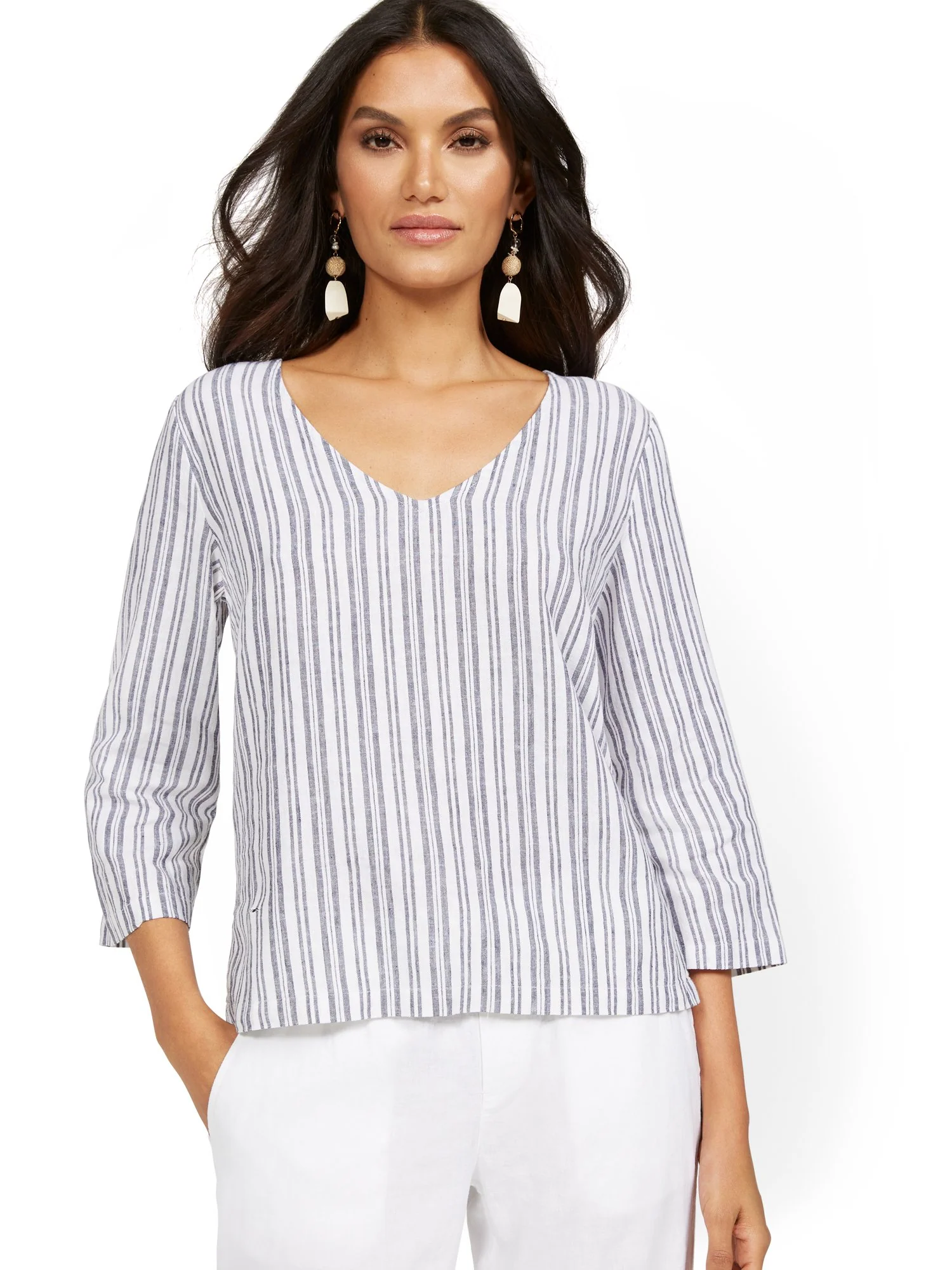 Linen-Blend Striped 3/4-Sleeve V-Neck Top - Image 4