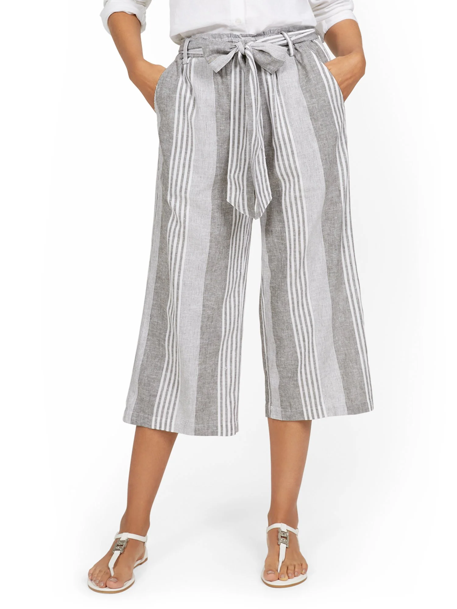 Linen-Blend Striped High-Waisted Paperbag Wide-Leg Capri Pant - Image 2