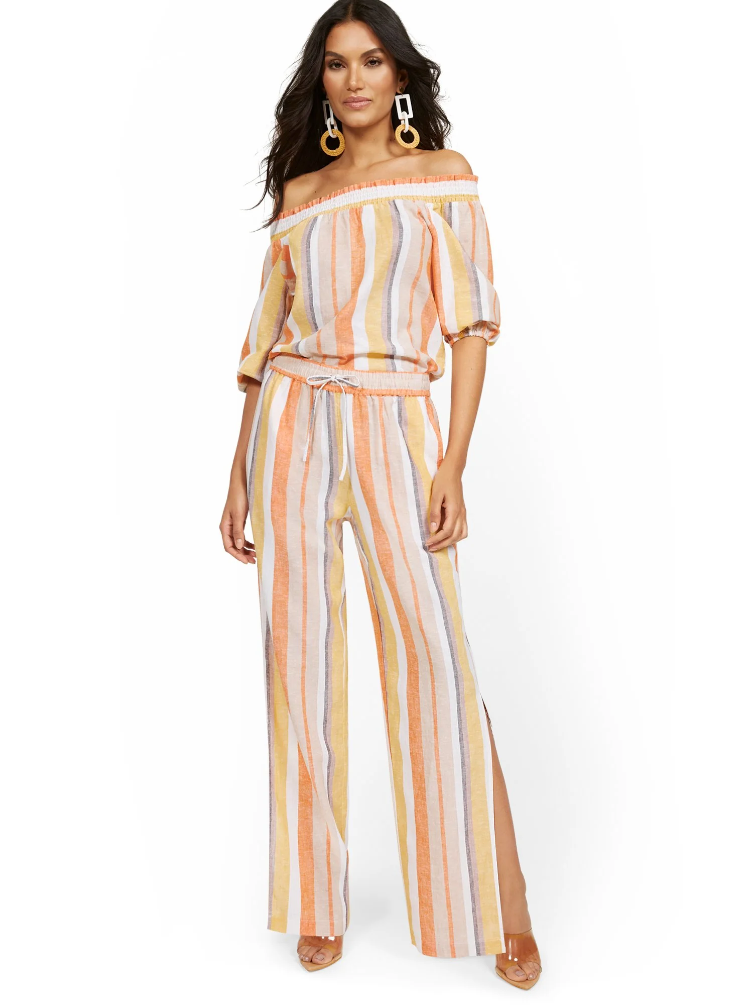 Linen-Blend Striped High-Waisted Slit-Hem Wide-Leg Pant - Image 4