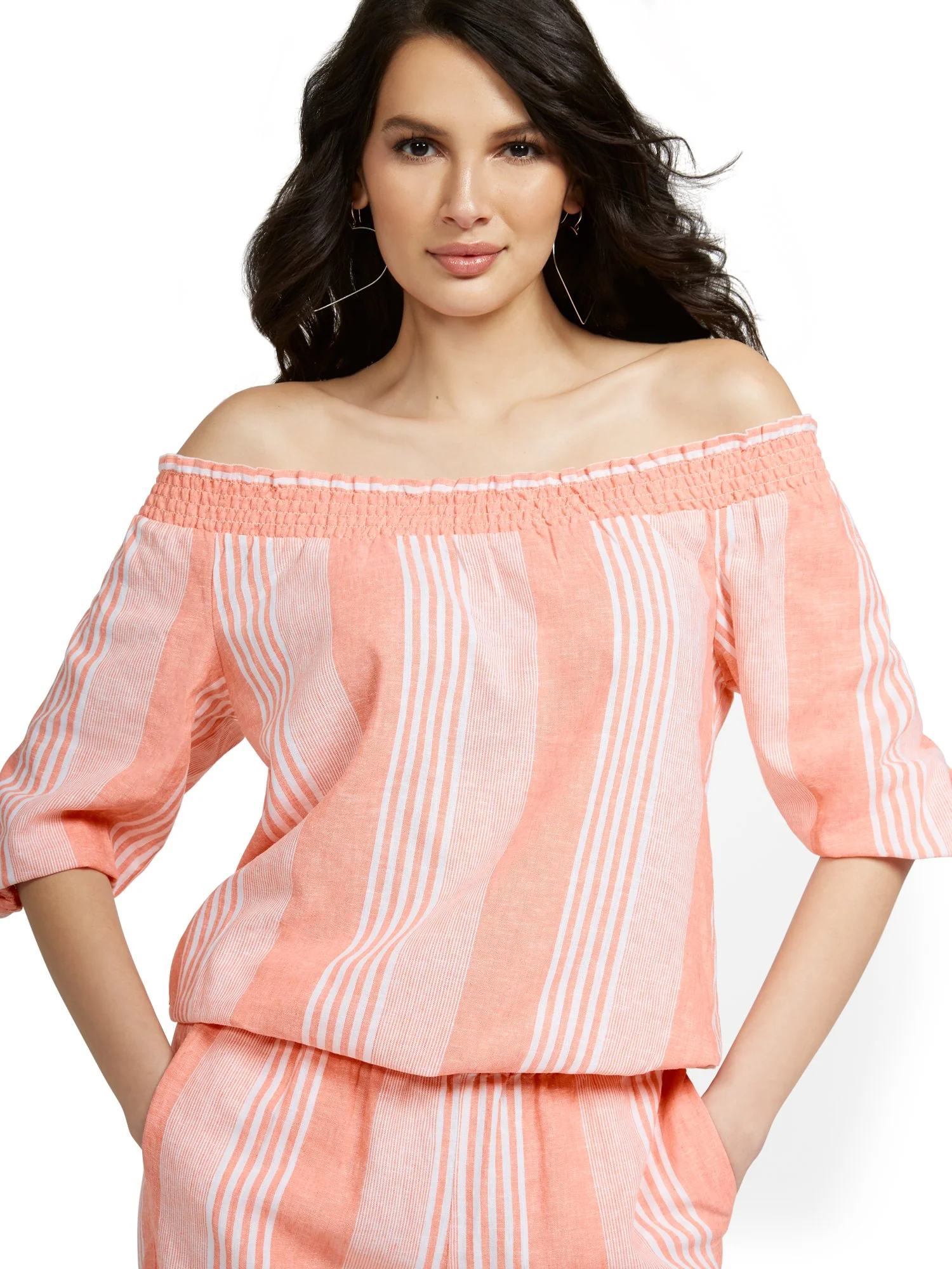 Linen-Blend Striped Off-The-Shoulder Smocked Top - Image 2