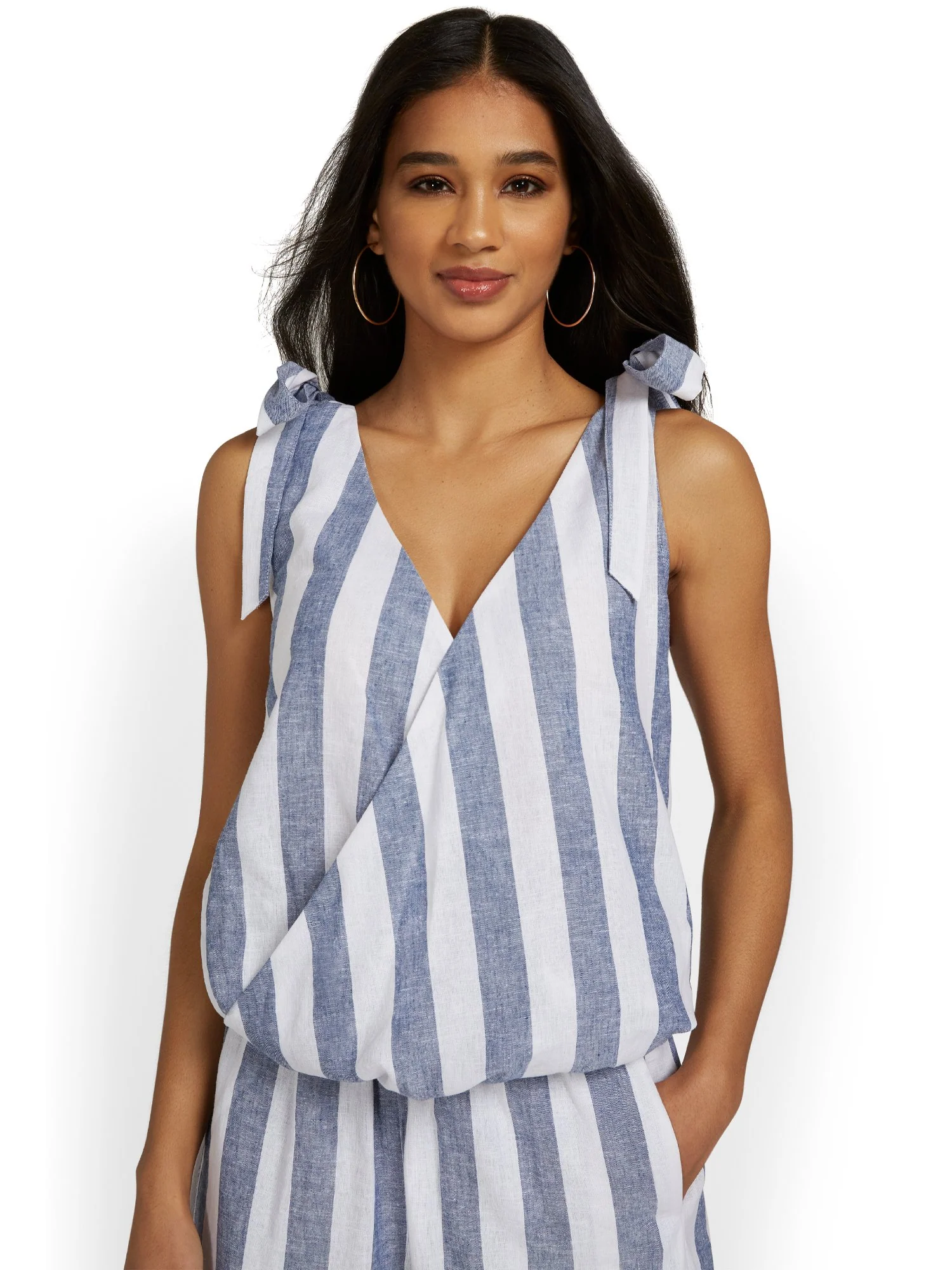 Linen-Blend Striped Tie-Shoulder V-Neck Top