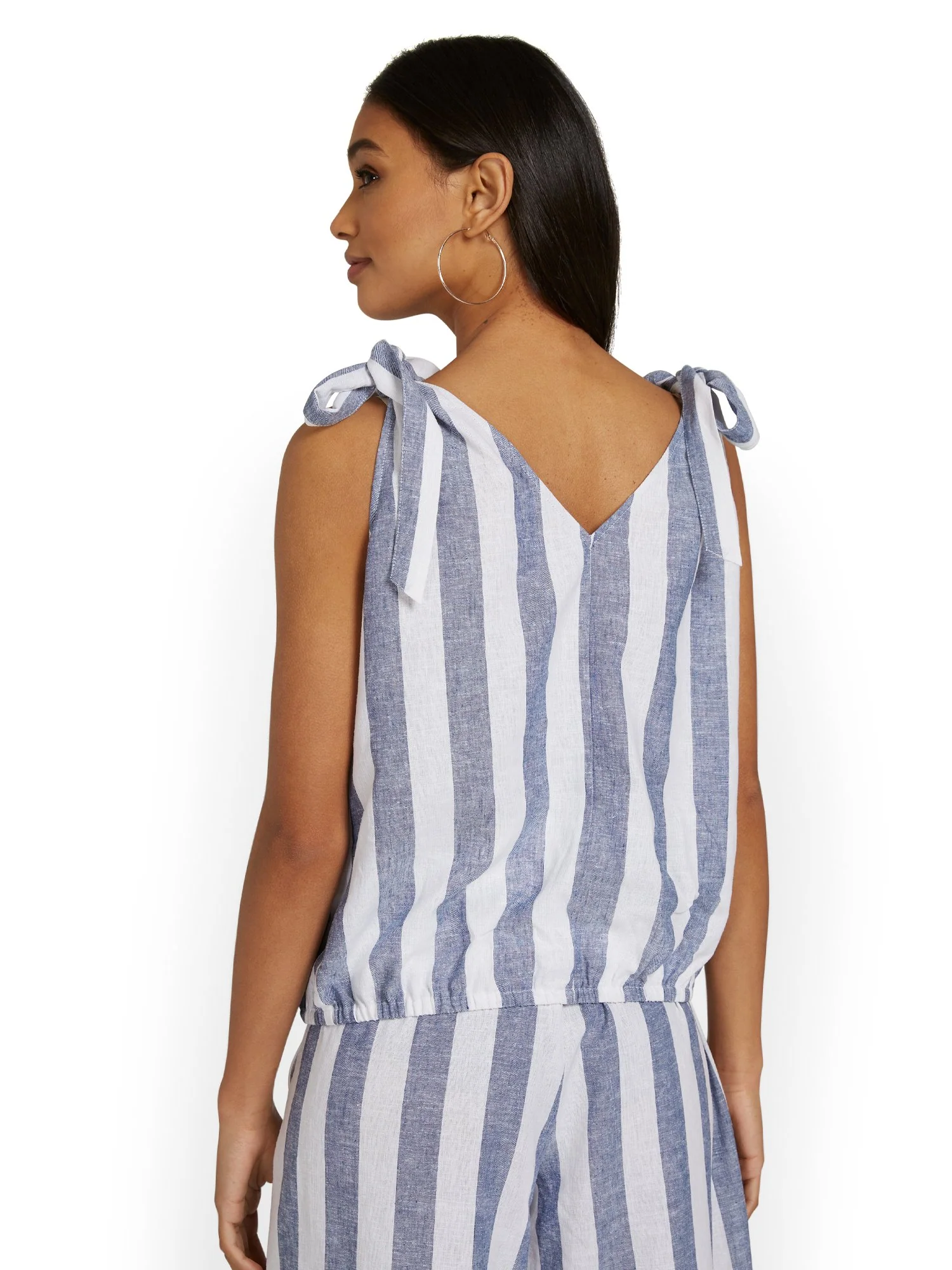 Linen-Blend Striped Tie-Shoulder V-Neck Top - Image 3