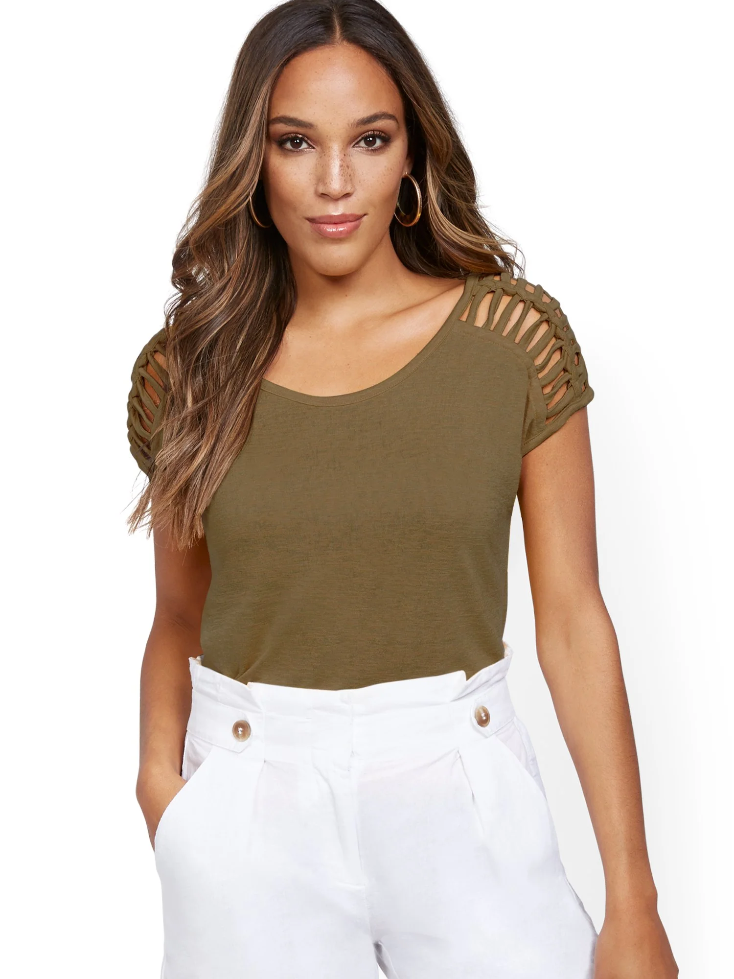 Linen-Like Lattice-Sleeve Top - Image 24
