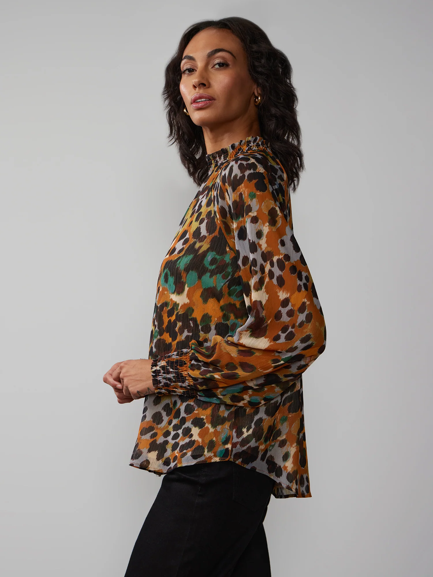 Long Sleeve Abstract Print Chiffon Blouse - Image 2