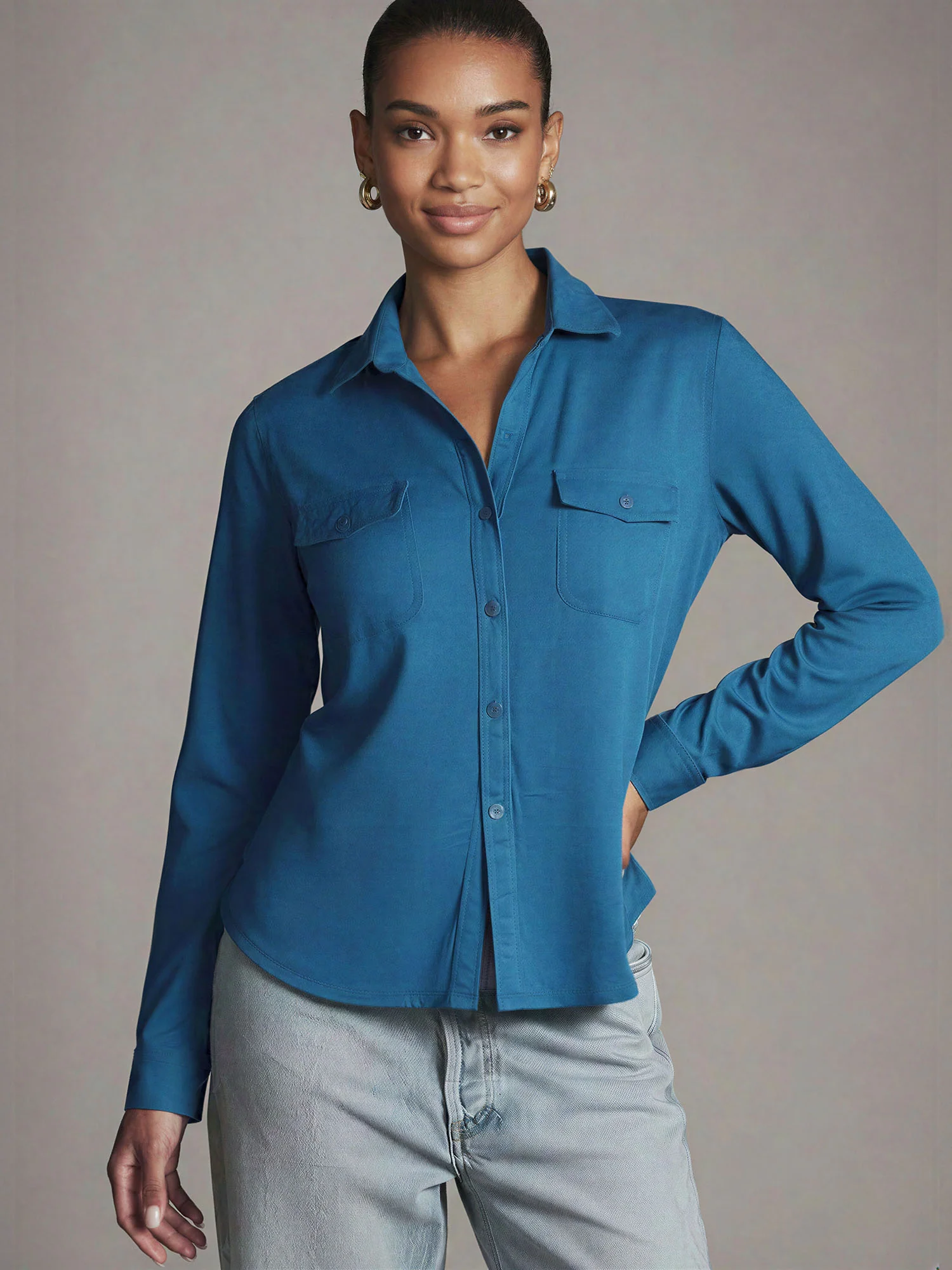 Long Sleeve Brushed Knit Button Down Shirt - Image 5