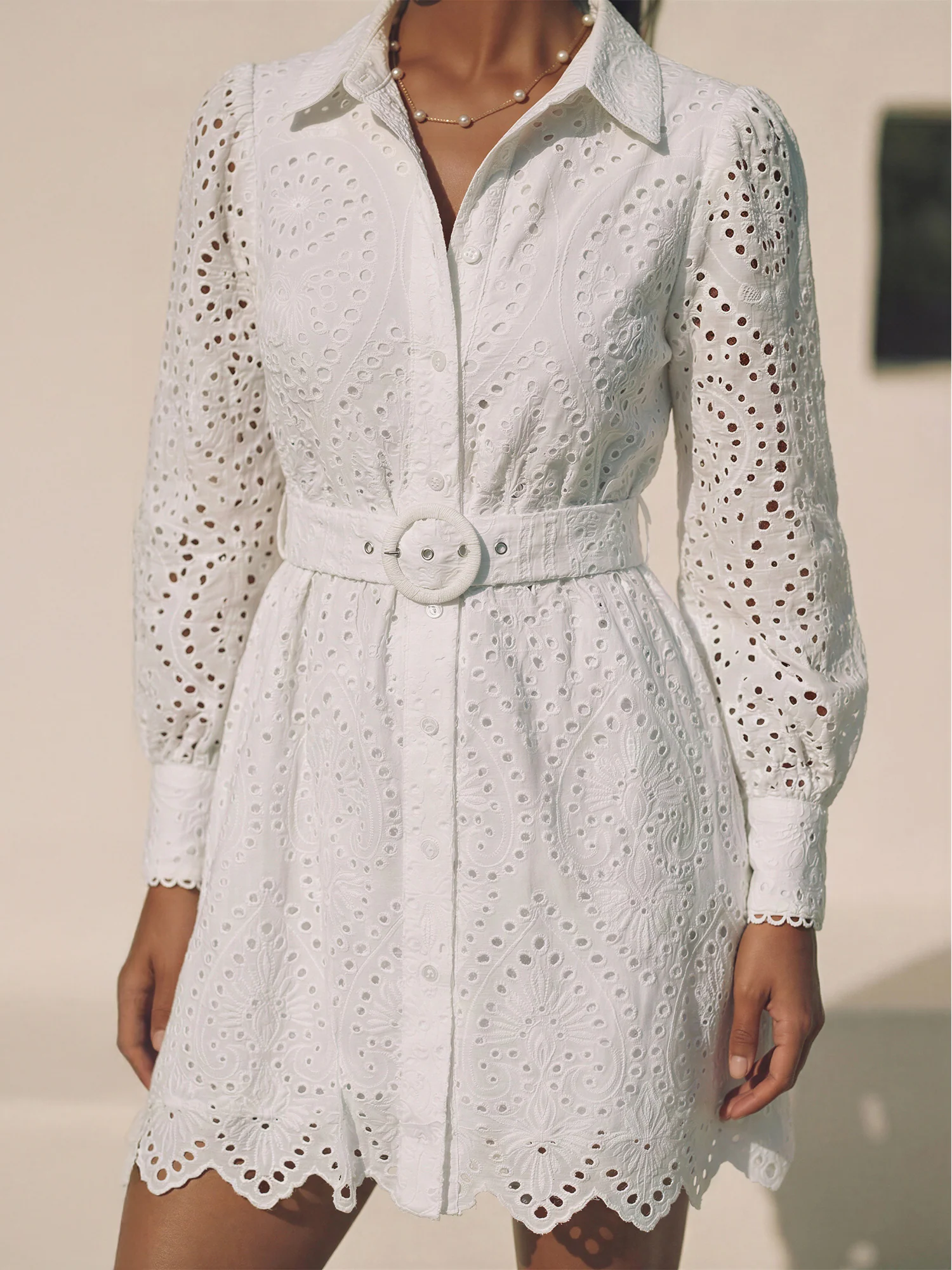Long Sleeve Button Down Collar Eyelet Lace Fit A-Line Dress - Image 7