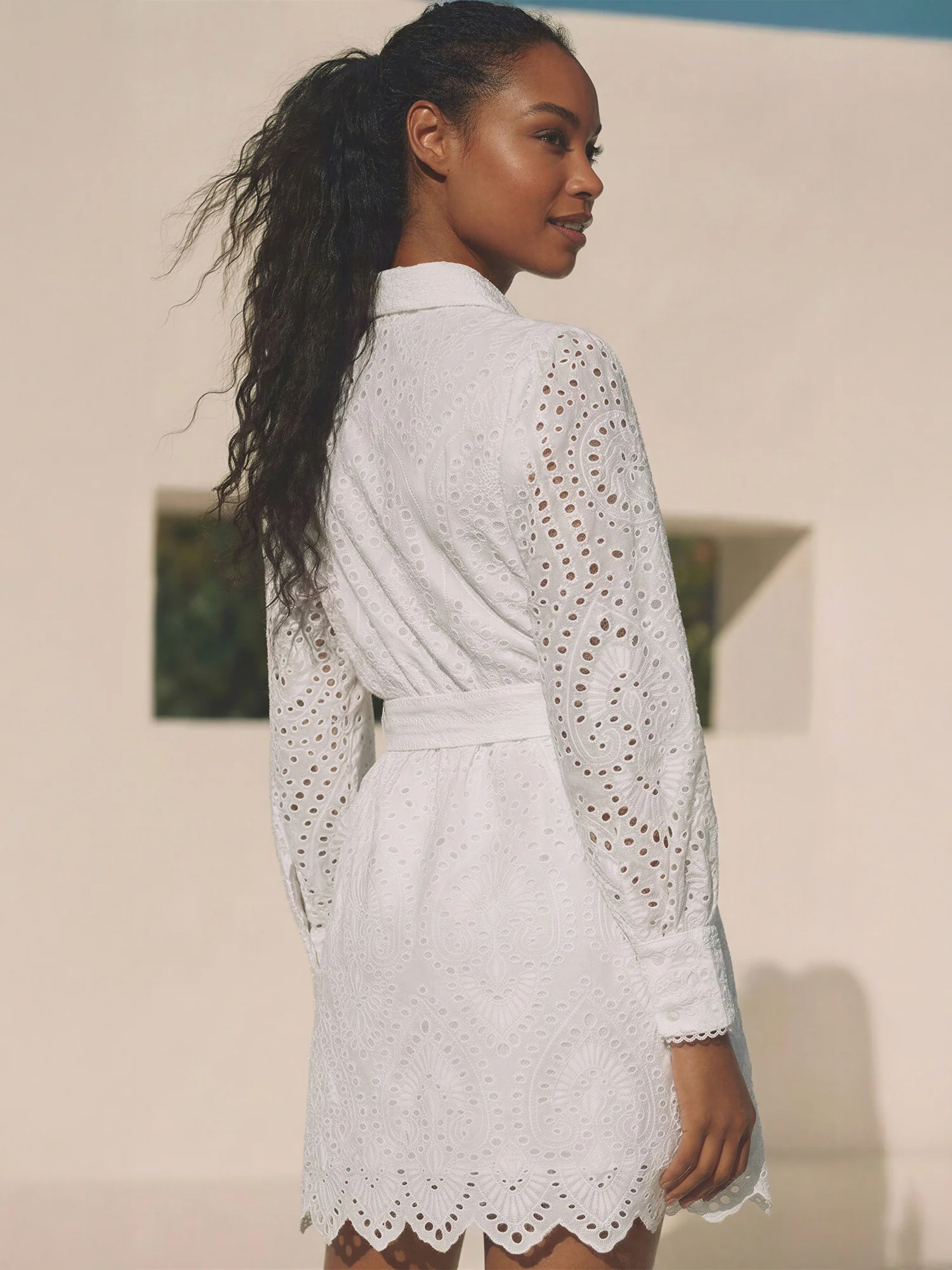 Long Sleeve Button Down Collar Eyelet Lace Fit A-Line Dress - Image 8