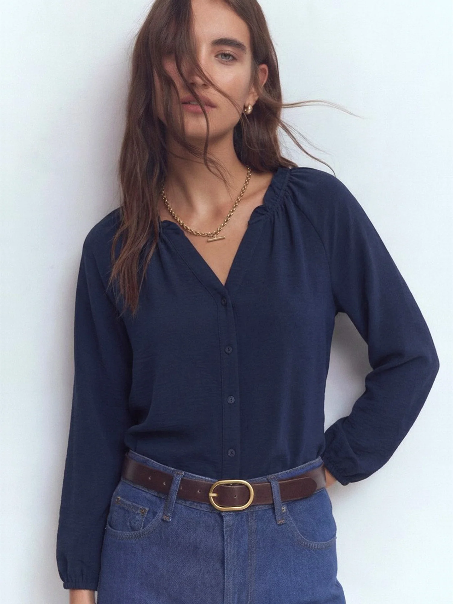 Long Sleeve Button Front Peasant Blouse