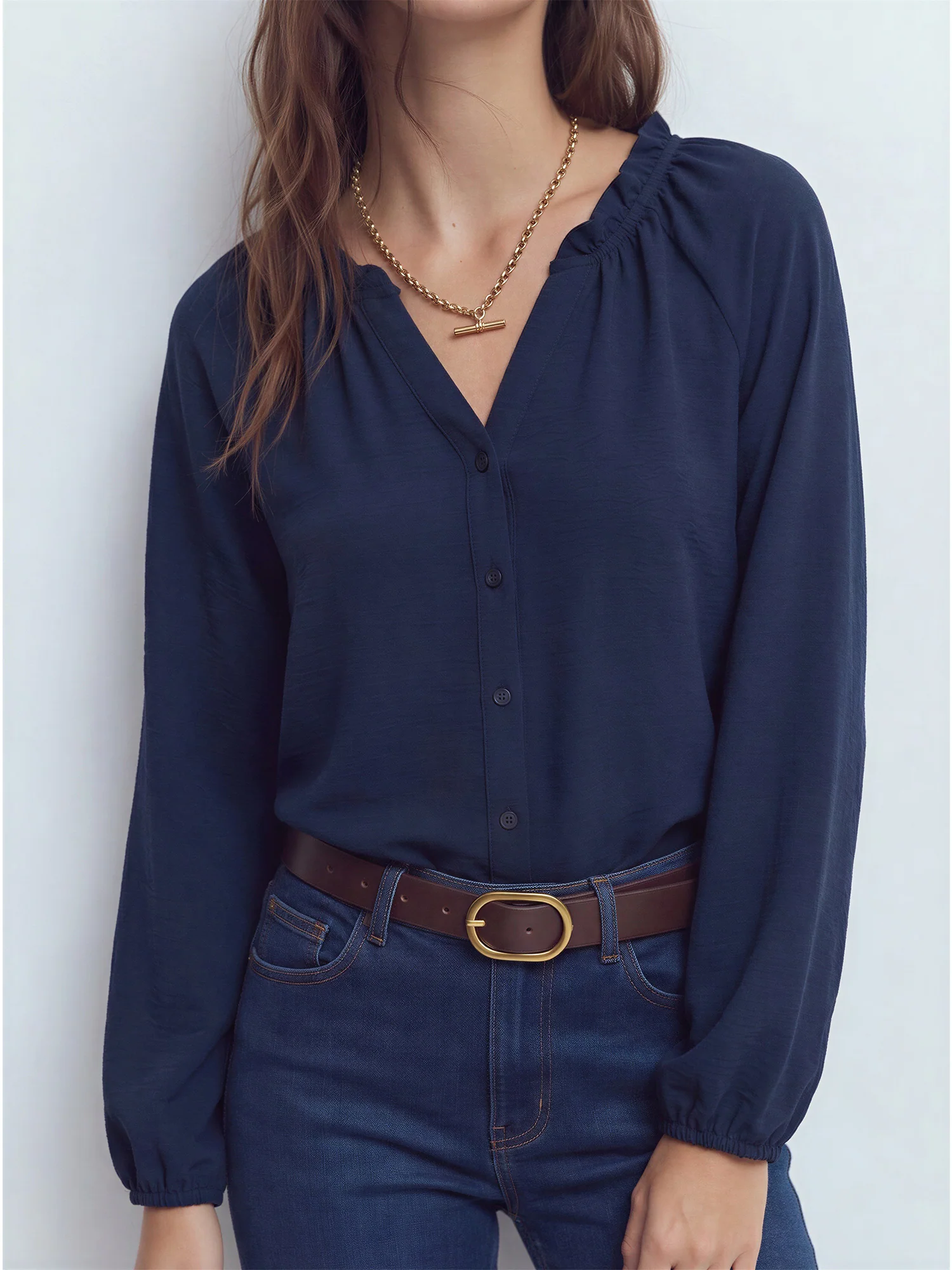 Long Sleeve Button Front Peasant Blouse - Image 2