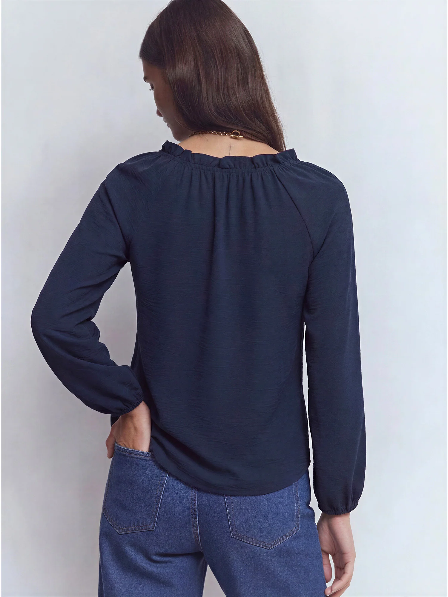 Long Sleeve Button Front Peasant Blouse - Image 3
