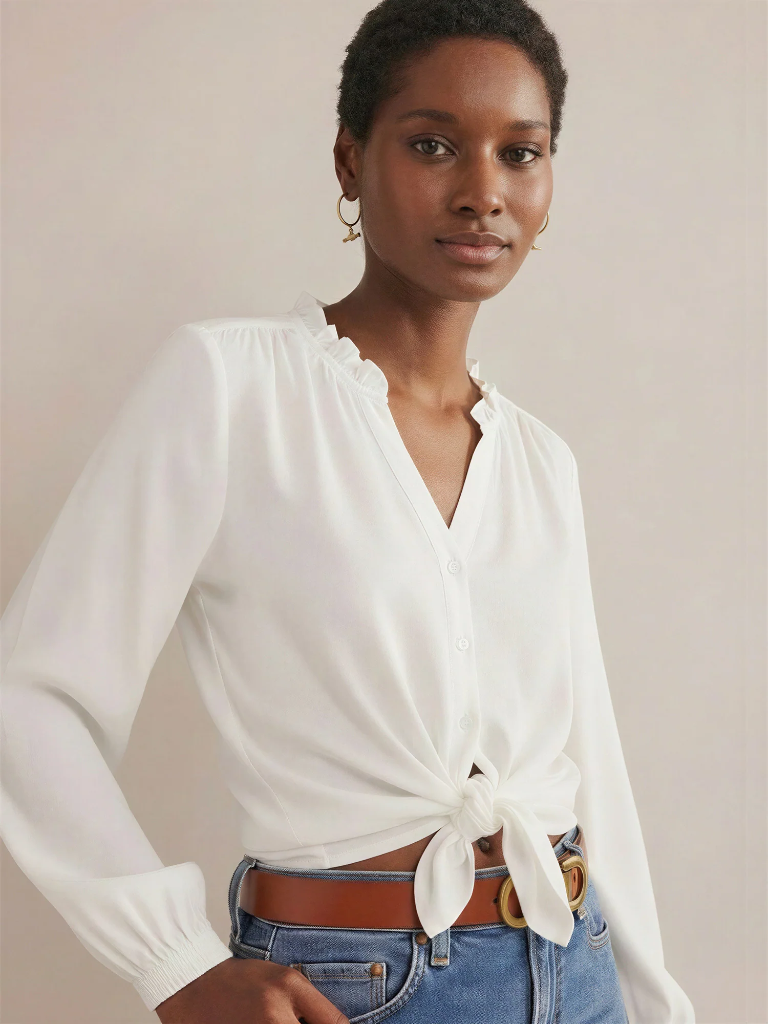 Long Sleeve Button Front Peasant Blouse - Image 5