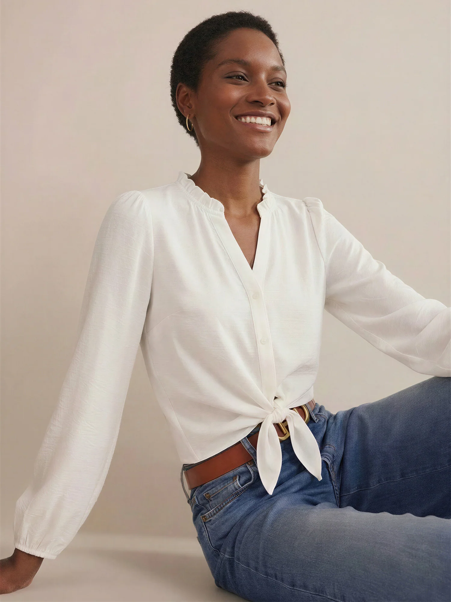 Long Sleeve Button Front Peasant Blouse - Image 6