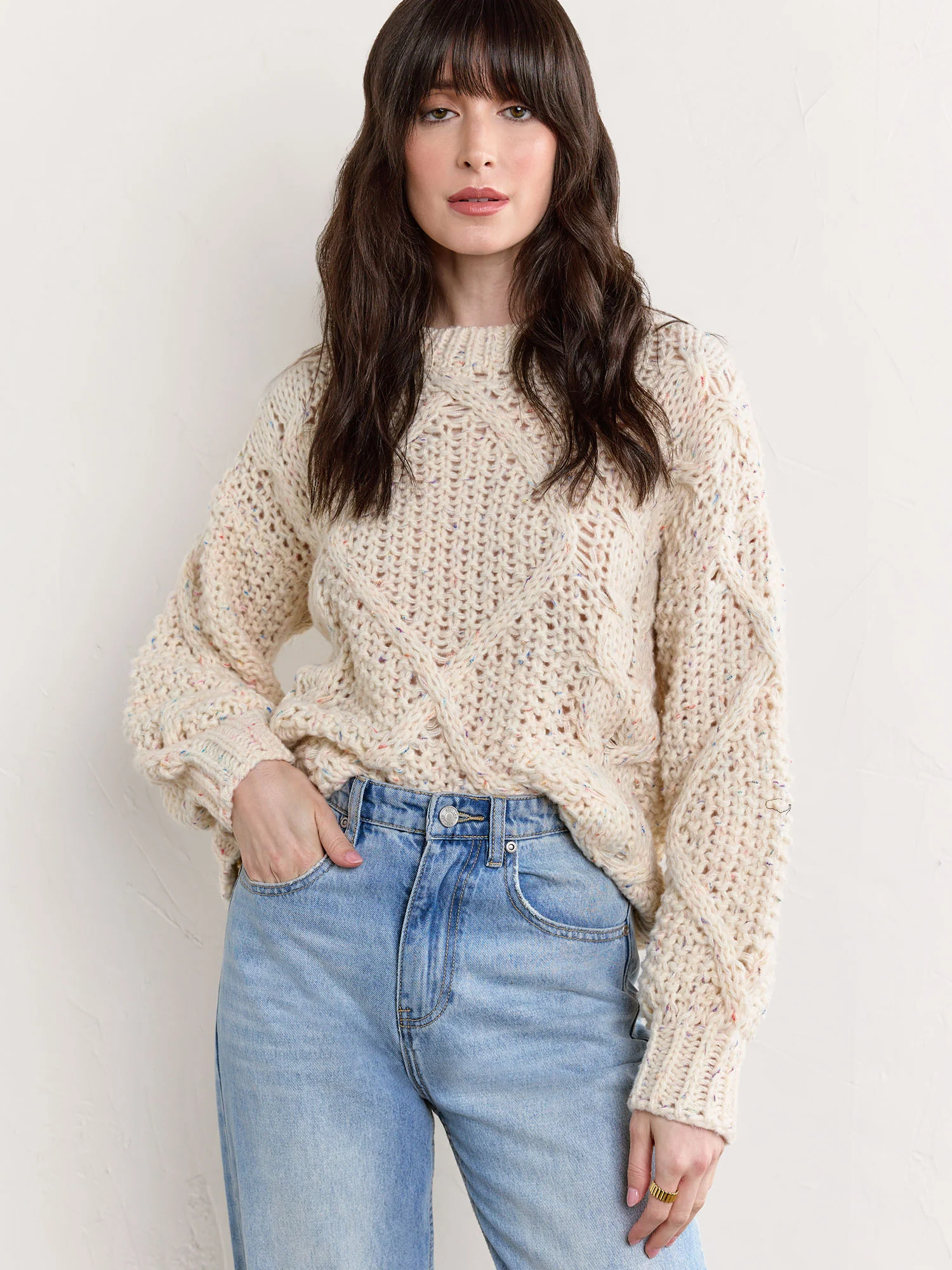 Long-Sleeve Cable Stitch Tunic Sweater - Fate - Image 2