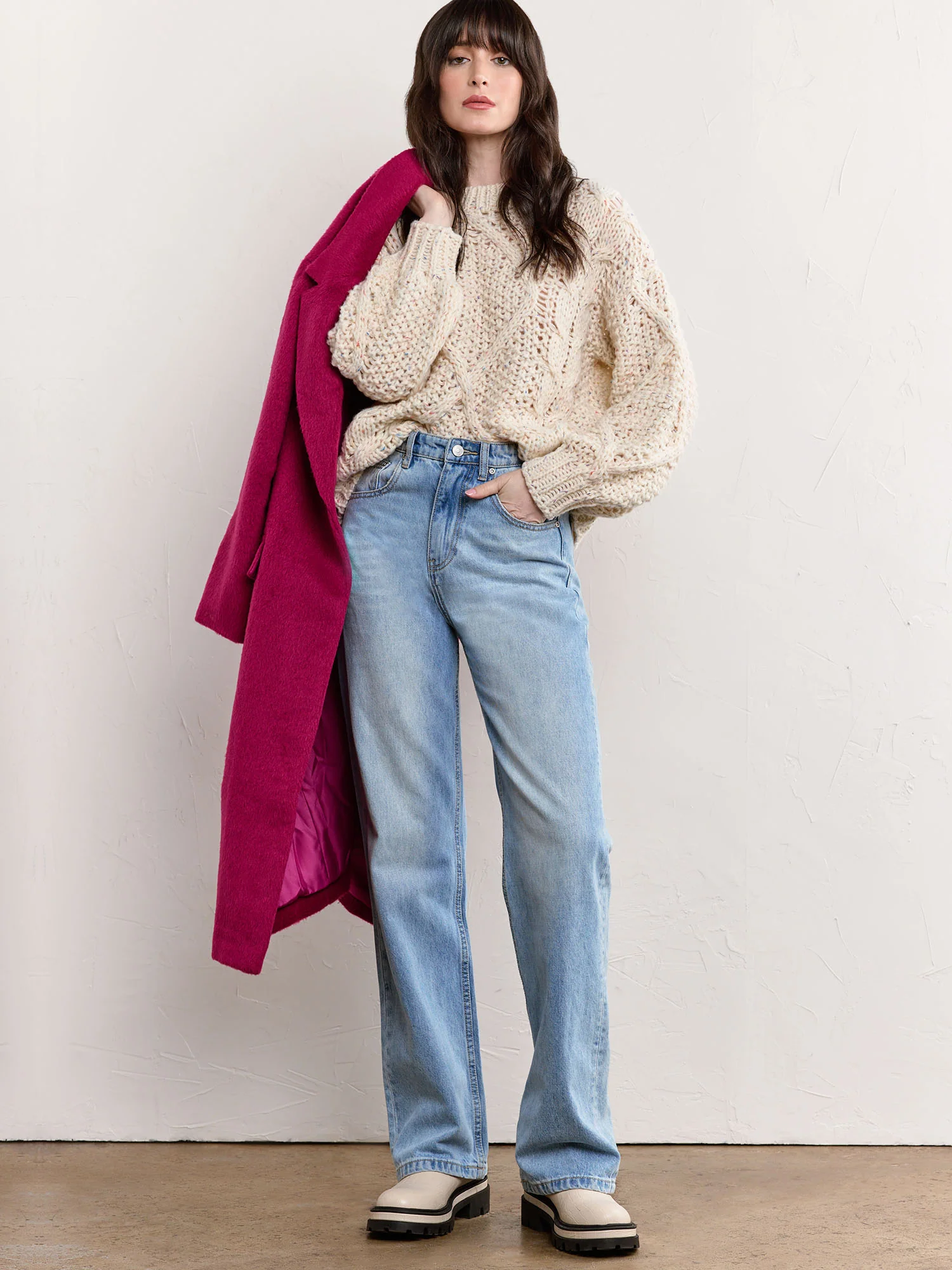 Long-Sleeve Cable Stitch Tunic Sweater - Fate - Image 3