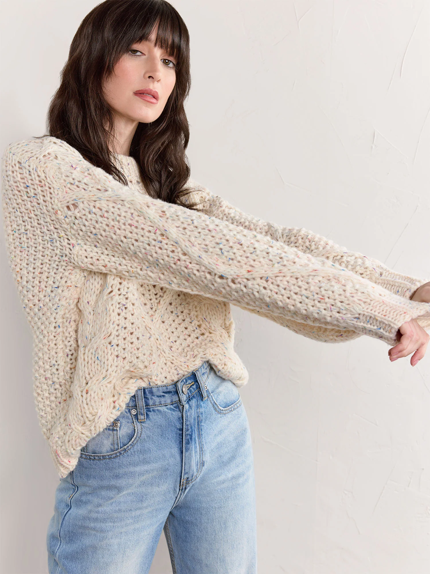 Long-Sleeve Cable Stitch Tunic Sweater - Fate - Image 4