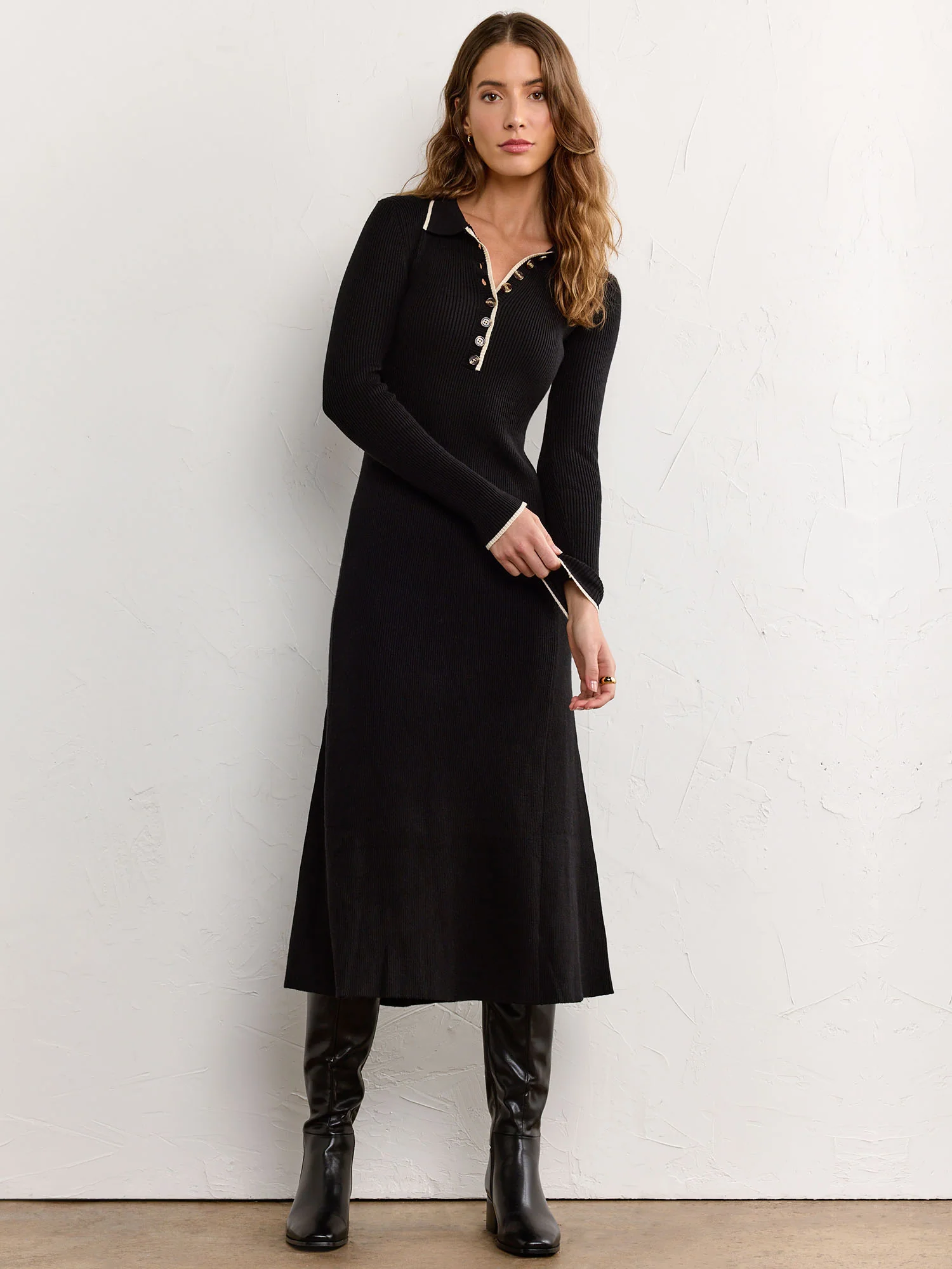 Long-Sleeve Collared Rib Knit Dress - Aaron & Amber - Image 2