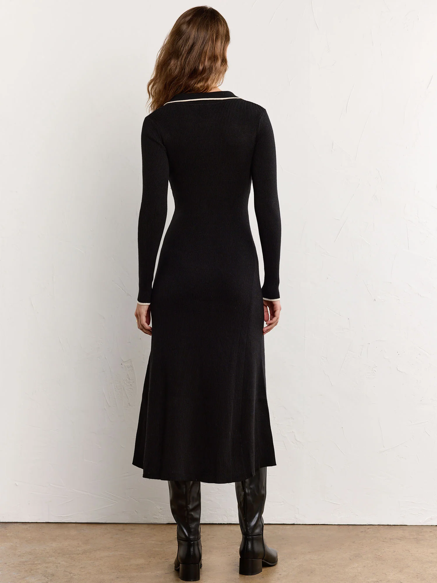 Long-Sleeve Collared Rib Knit Dress - Aaron & Amber - Image 5