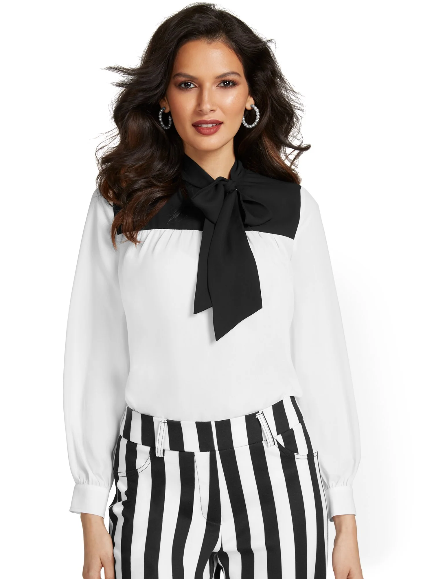 Long-Sleeve Colorblock Bow Blouse