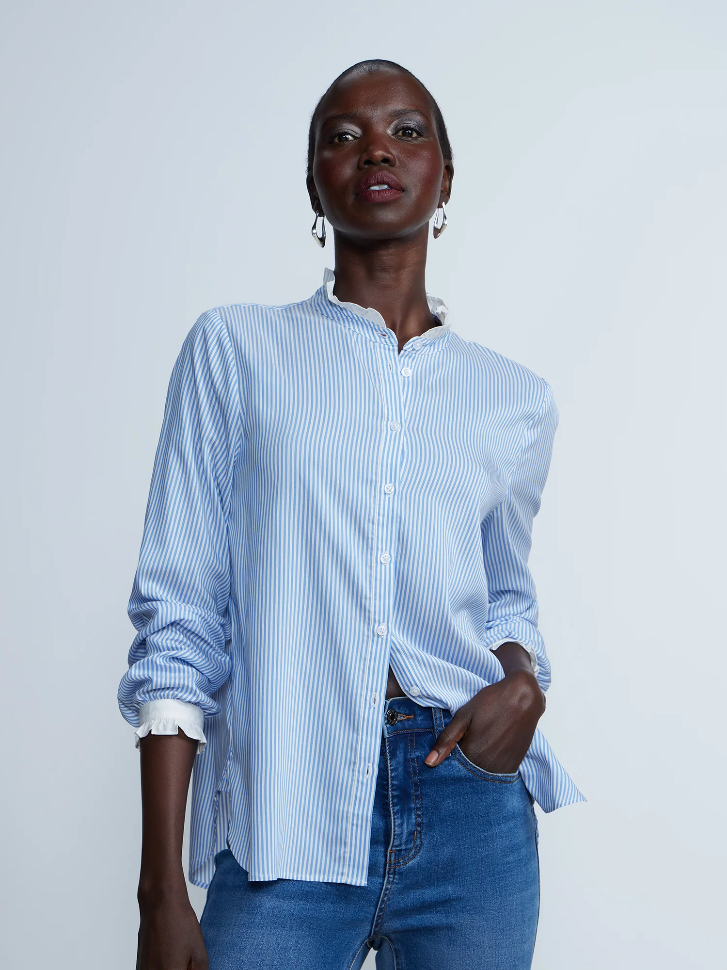 Long Sleeve Contrast Ruffle Button-Front Shirt