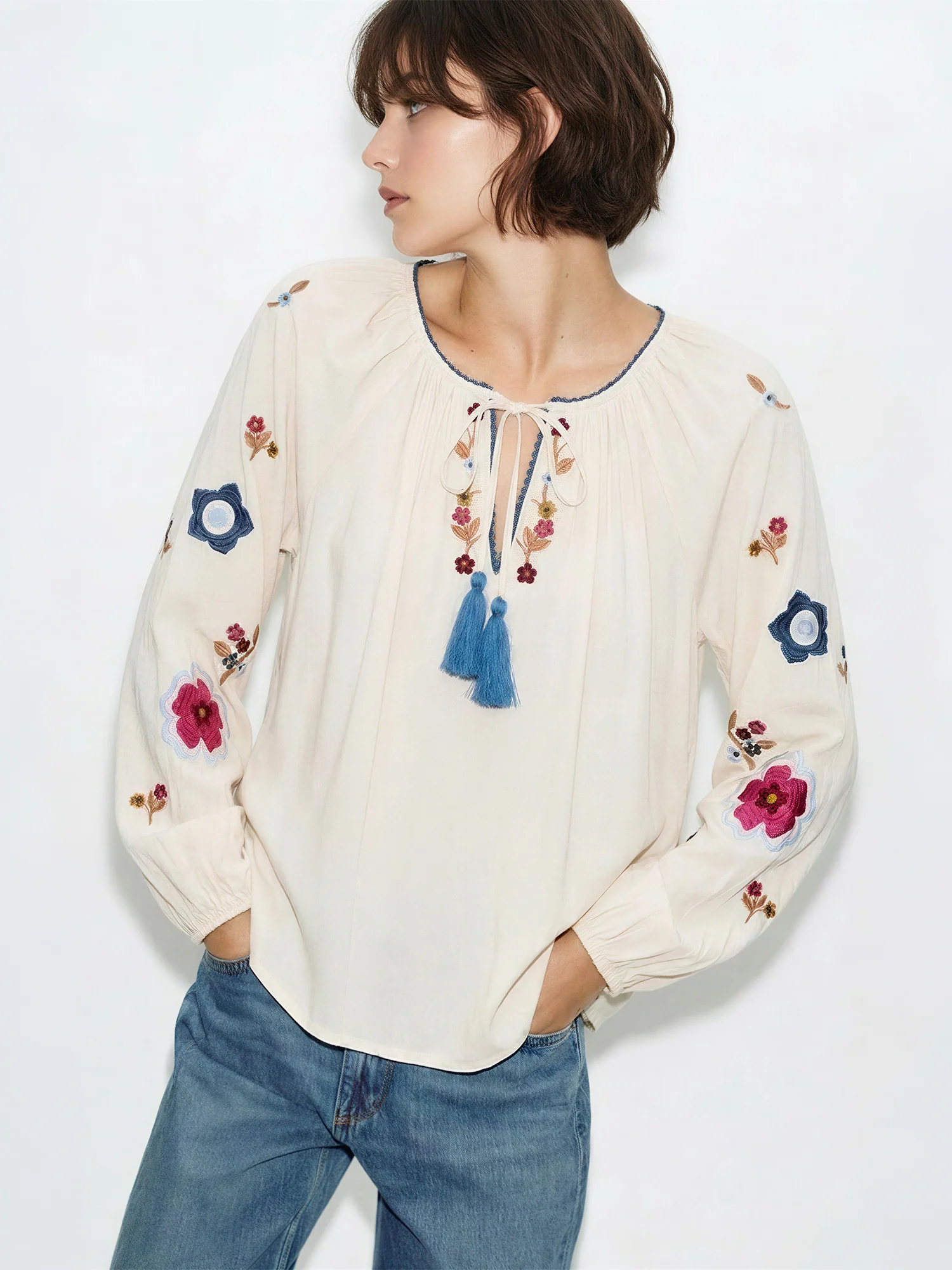 Long Balloon Sleeve Embroidered Peasant Blouse - Image 7