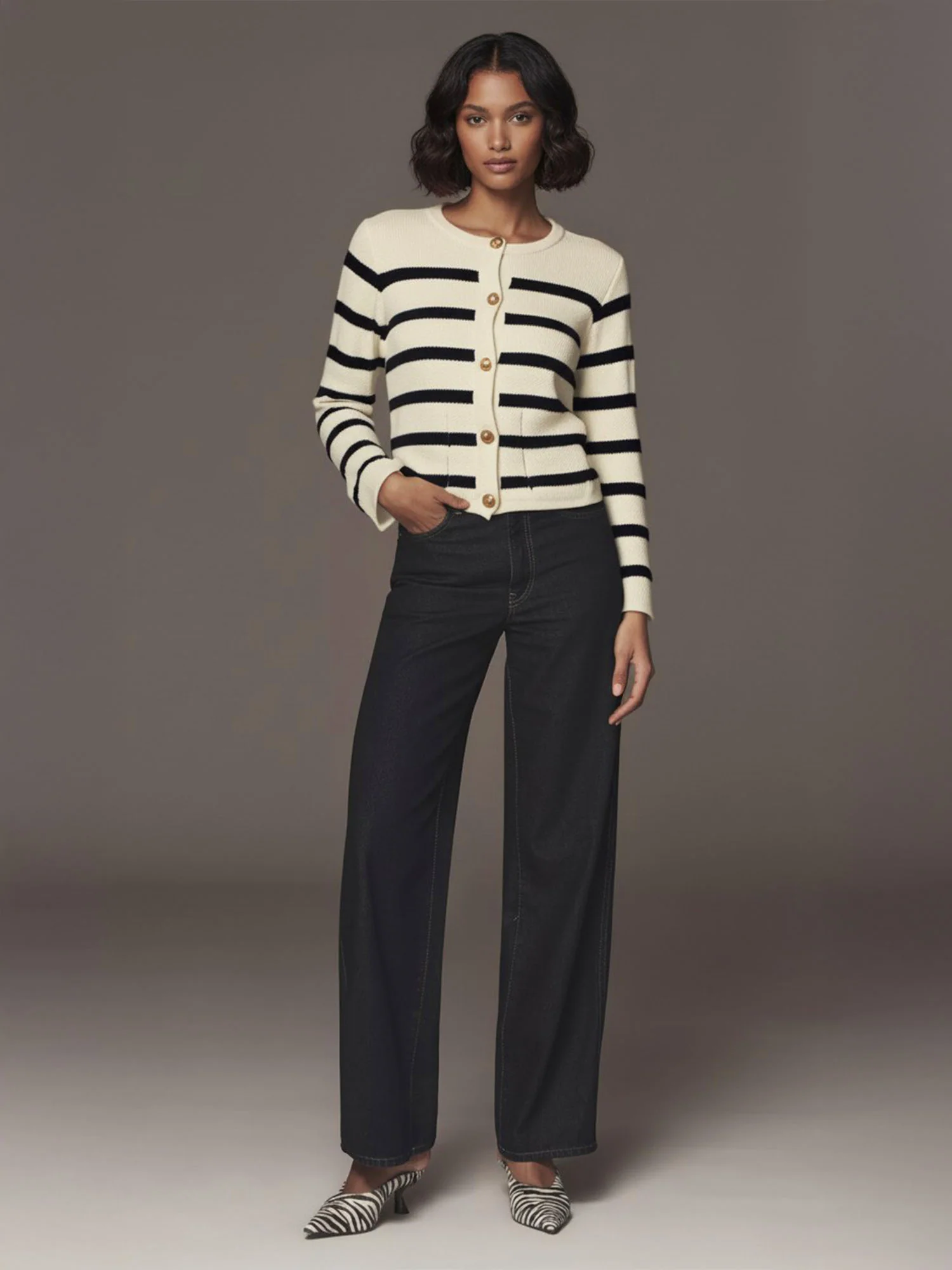 Long Sleeve Gold Button Stripe Cardigan - Image 2