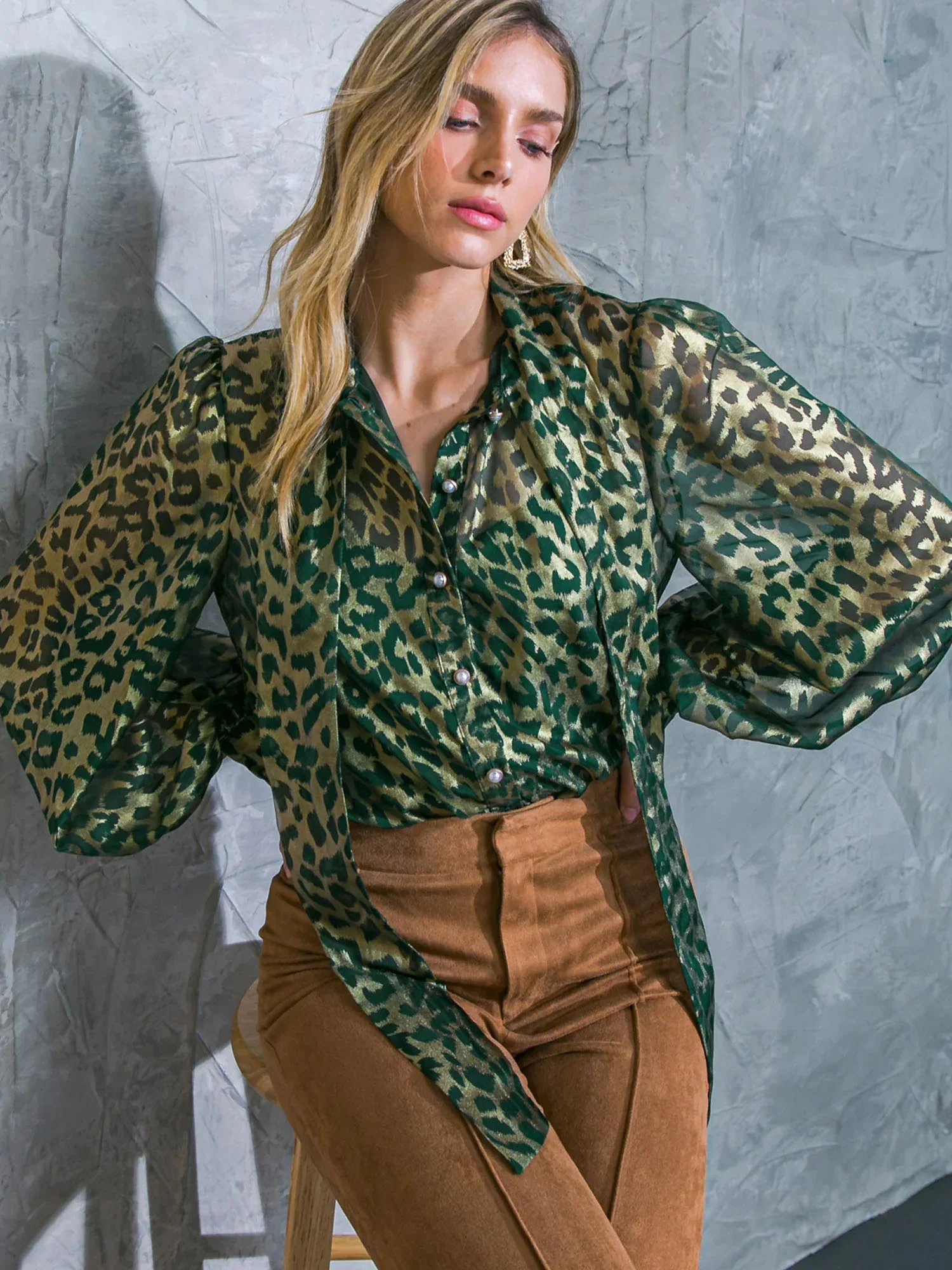 Flying Tomato Long Sleeve Leopard Foil Bow Blouse - Brands We Love - Image 2