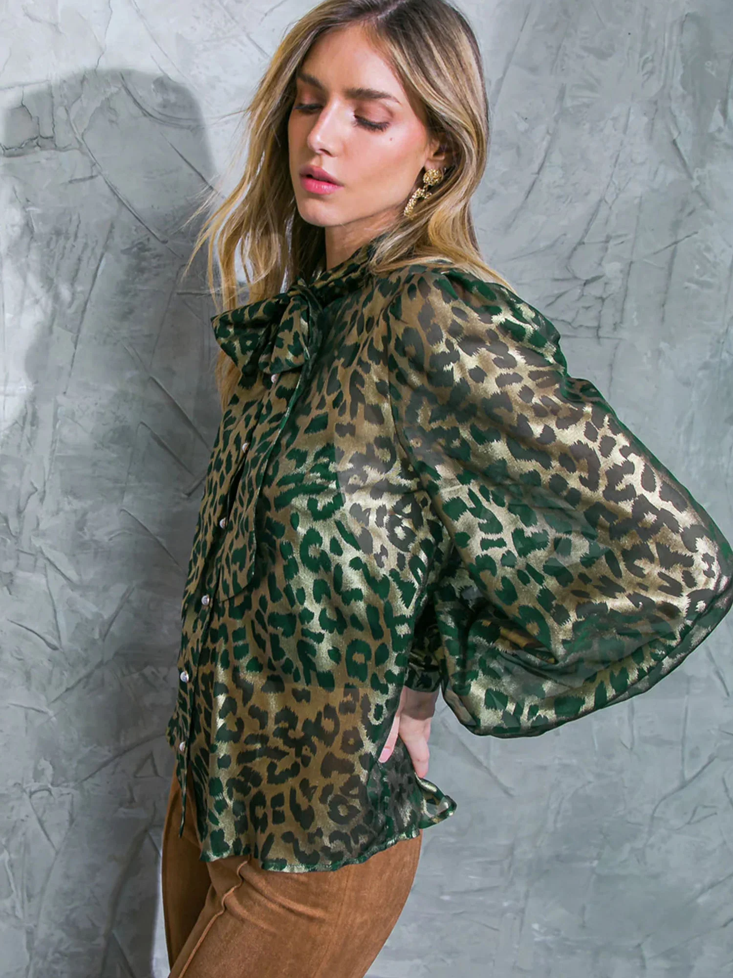 Flying Tomato Long Sleeve Leopard Foil Bow Blouse - Brands We Love - Image 3
