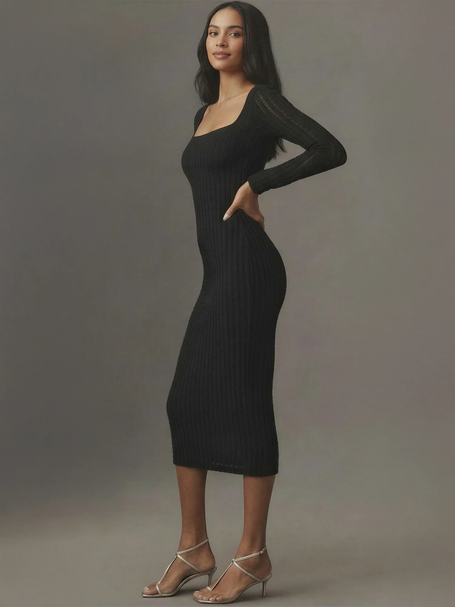 Long Sleeve Open Back Textured Knit Midi Dress - Image 3