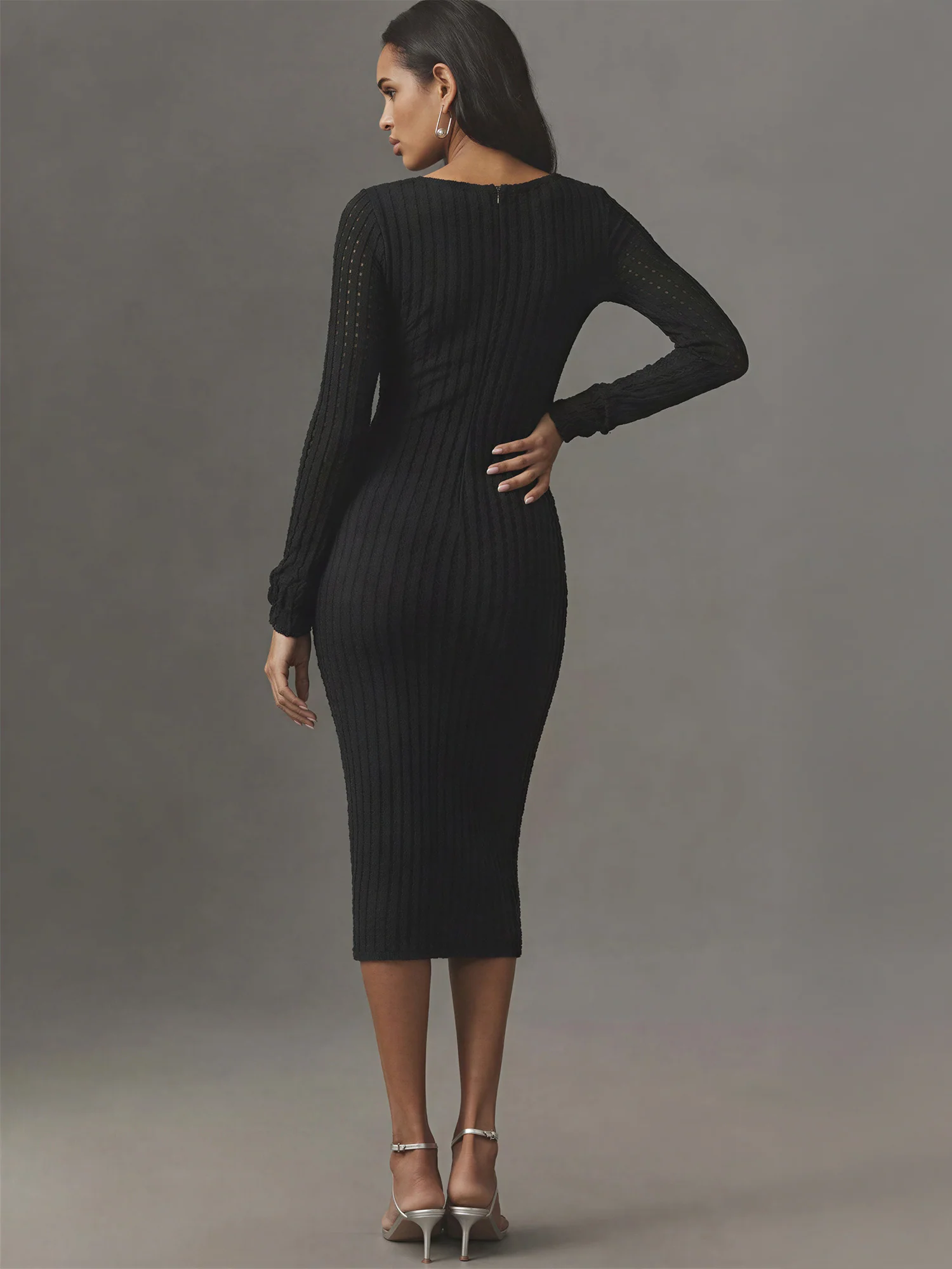 Long Sleeve Open Back Textured Knit Midi Dress - Image 4