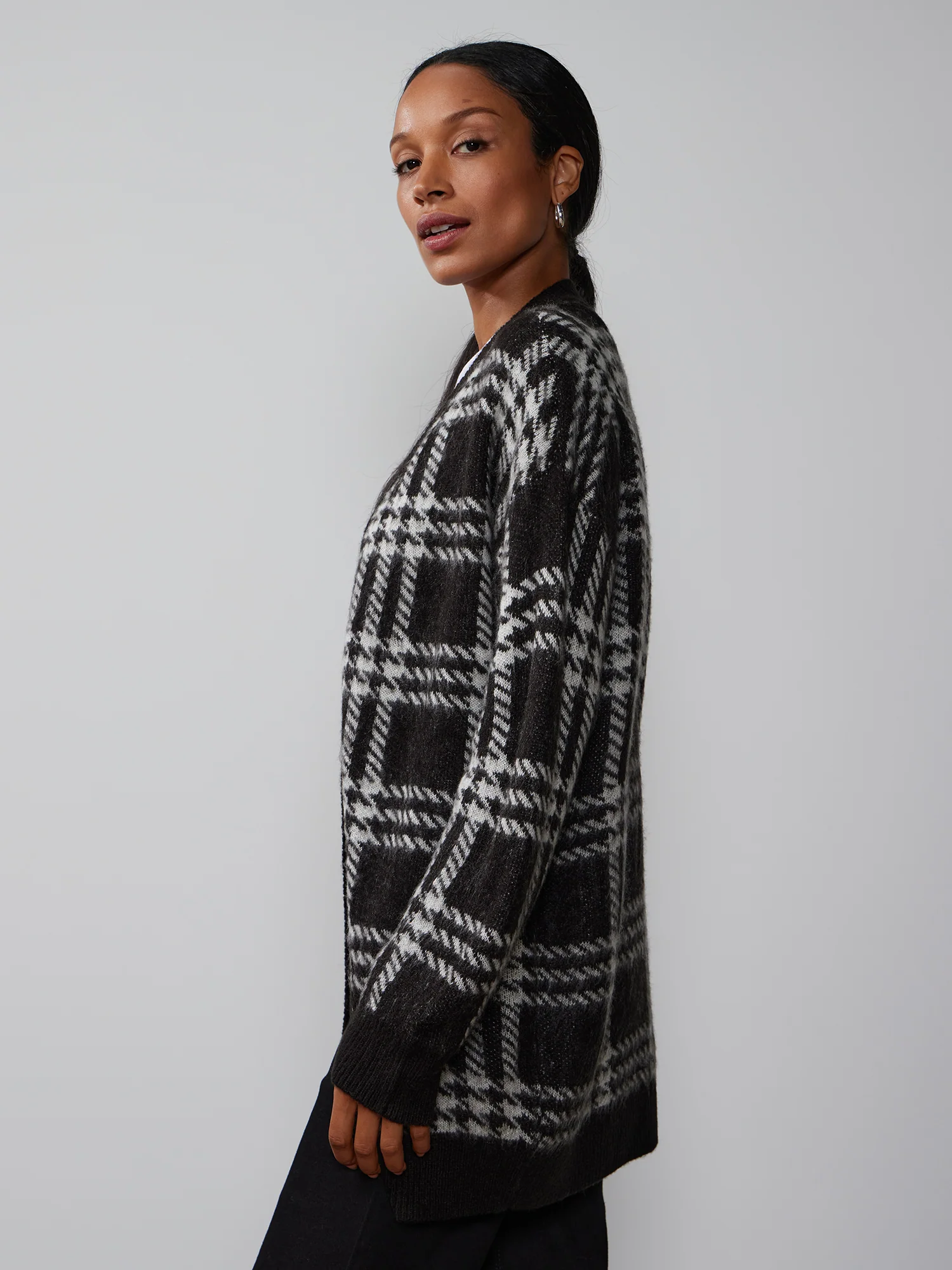 Long Sleeve Open Front Plaid Cardigan - Image 2