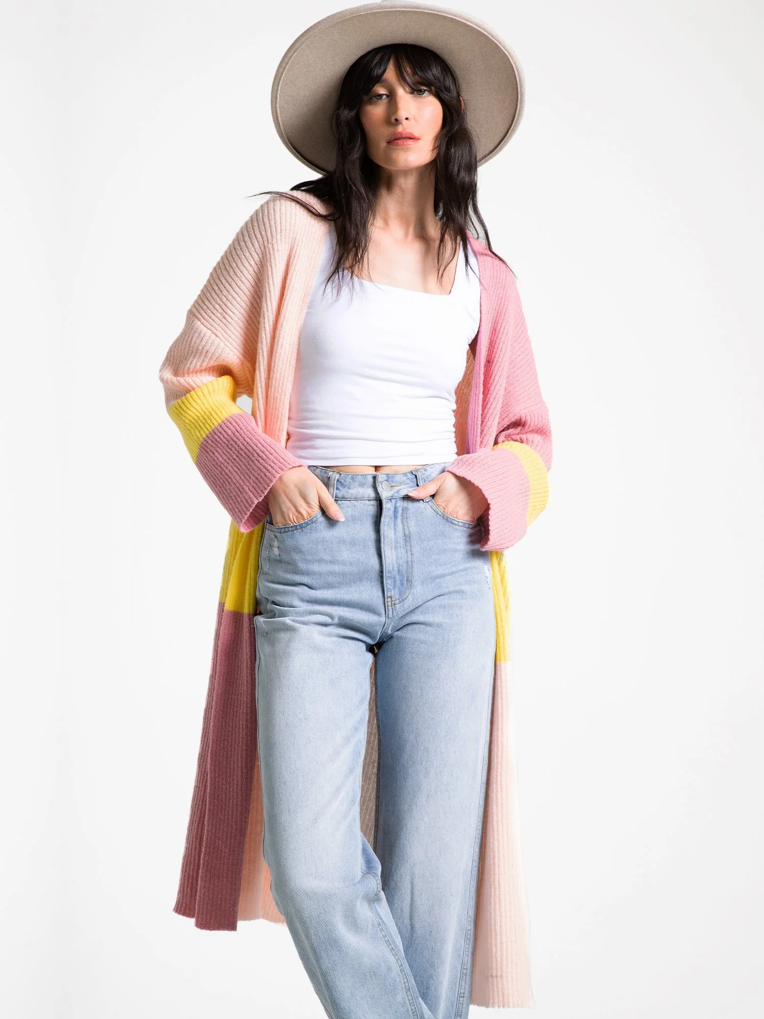 Long-Sleeve Pastel Colorblock Ribbed Cardigan - Image 2