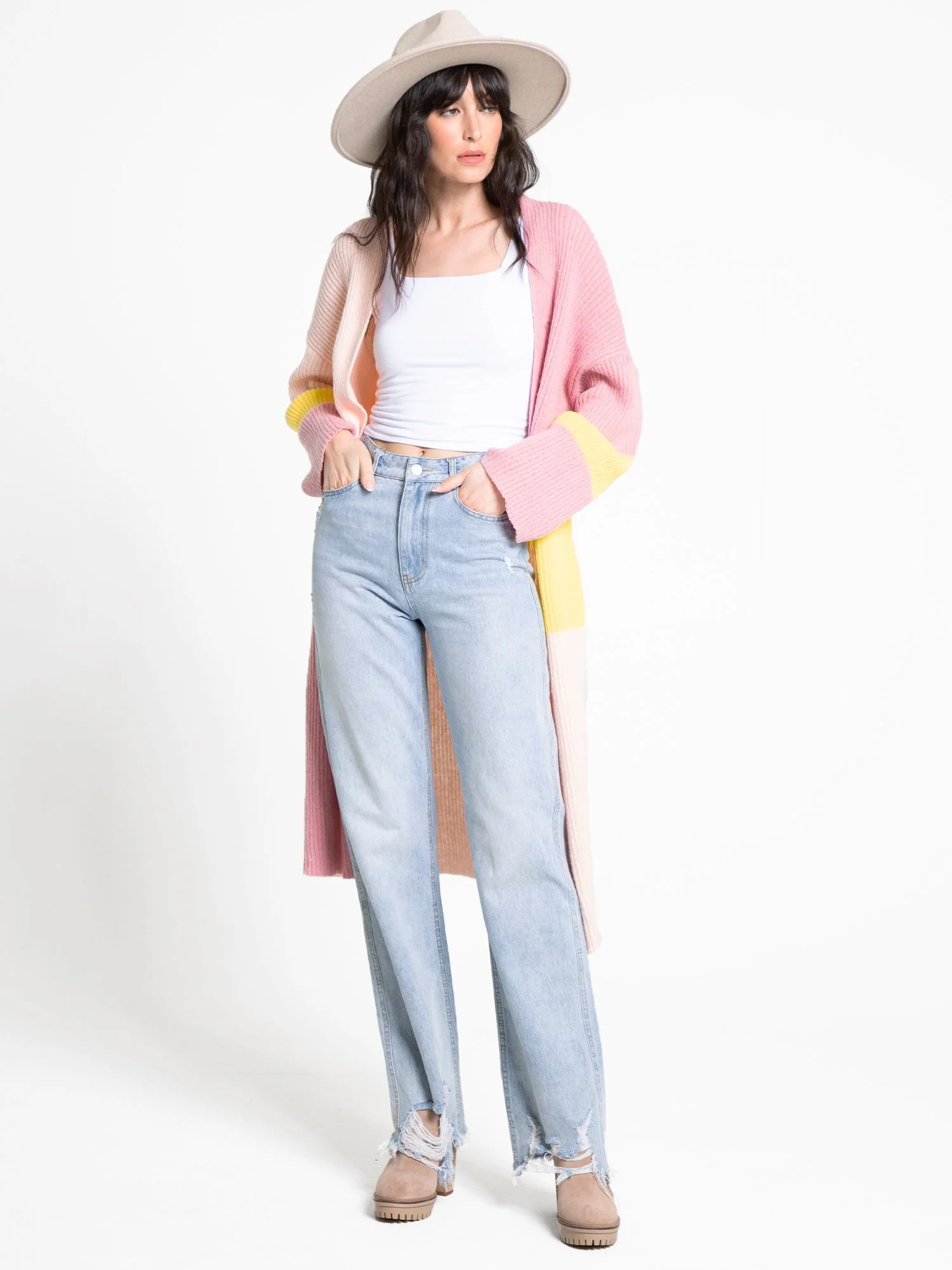 Long-Sleeve Pastel Colorblock Ribbed Cardigan - Image 3