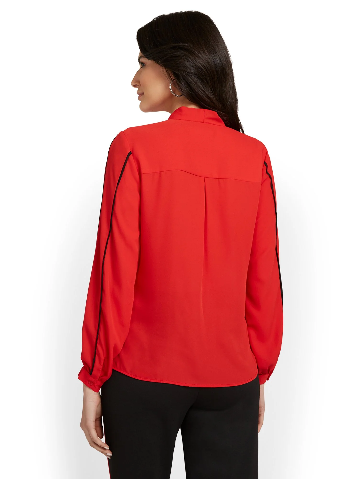 Long-Sleeve Piped Bow-Neck Blouse - Image 6