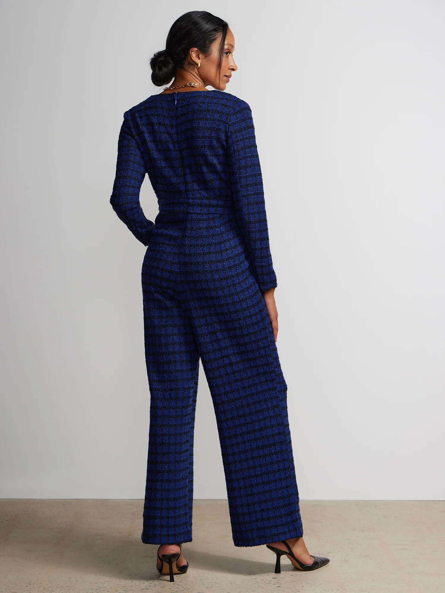 Long Sleeve Plaid Tweed Jumpsuit - Image 3