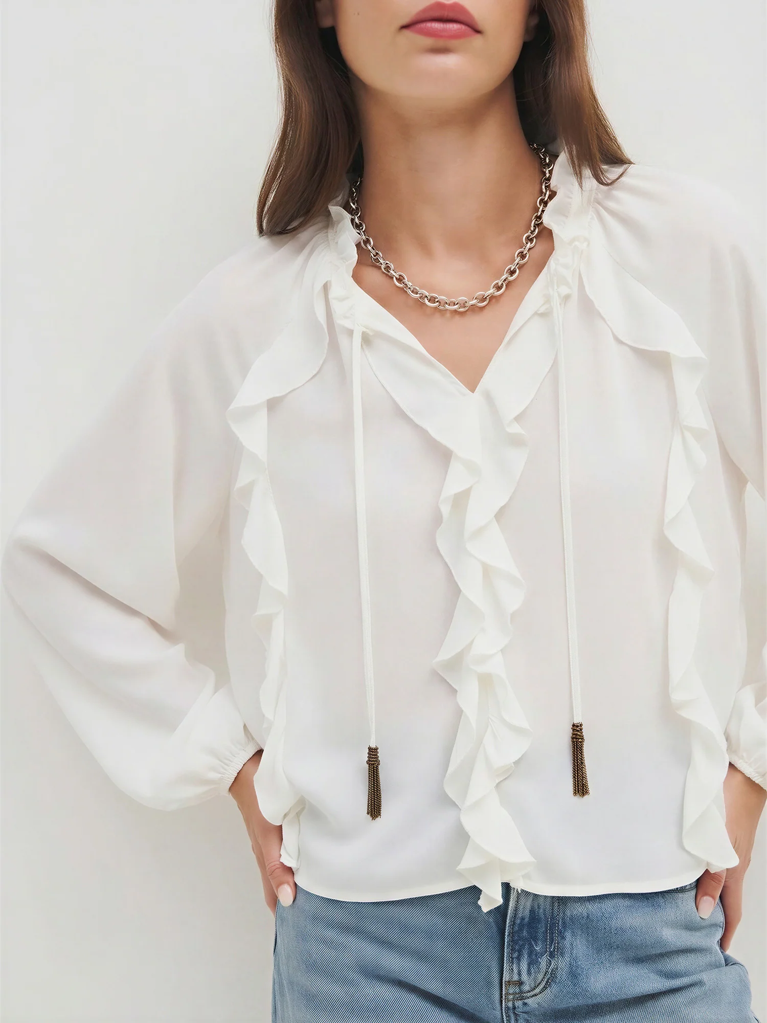 Long Sleeve Ruffle Detail Blouse - Image 7