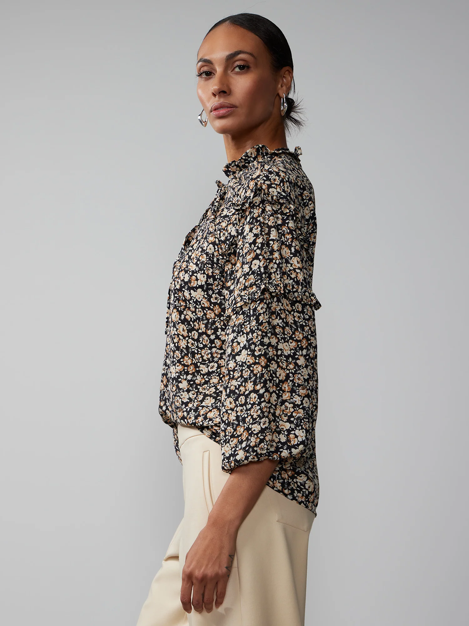 Long Sleeve Ruffle Detail Floral Print Top - Image 2