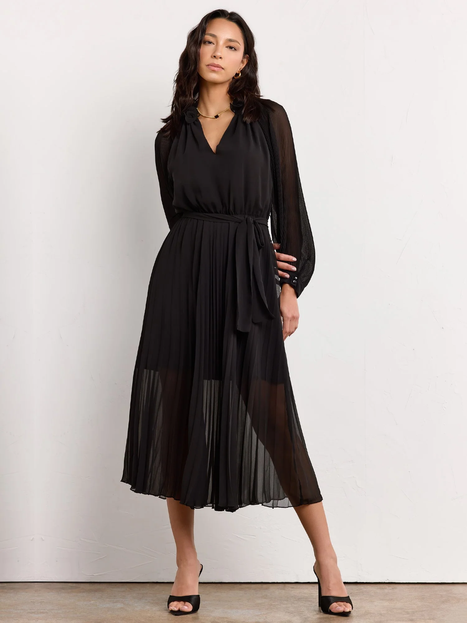 Long-Sleeve Ruffle Neck Pleated Midi Dress - Luxy USA - Image 2