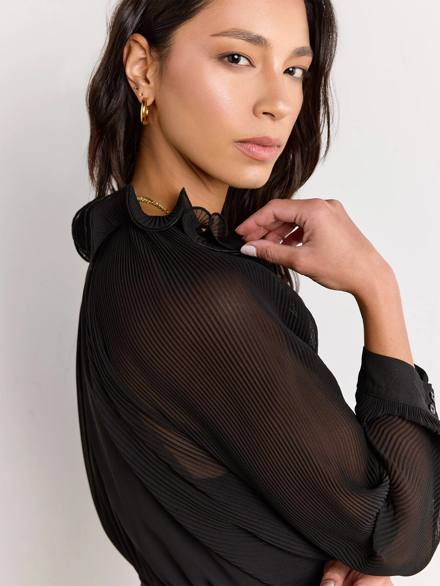Long-Sleeve Ruffle Neck Pleated Midi Dress - Luxy USA - Image 3