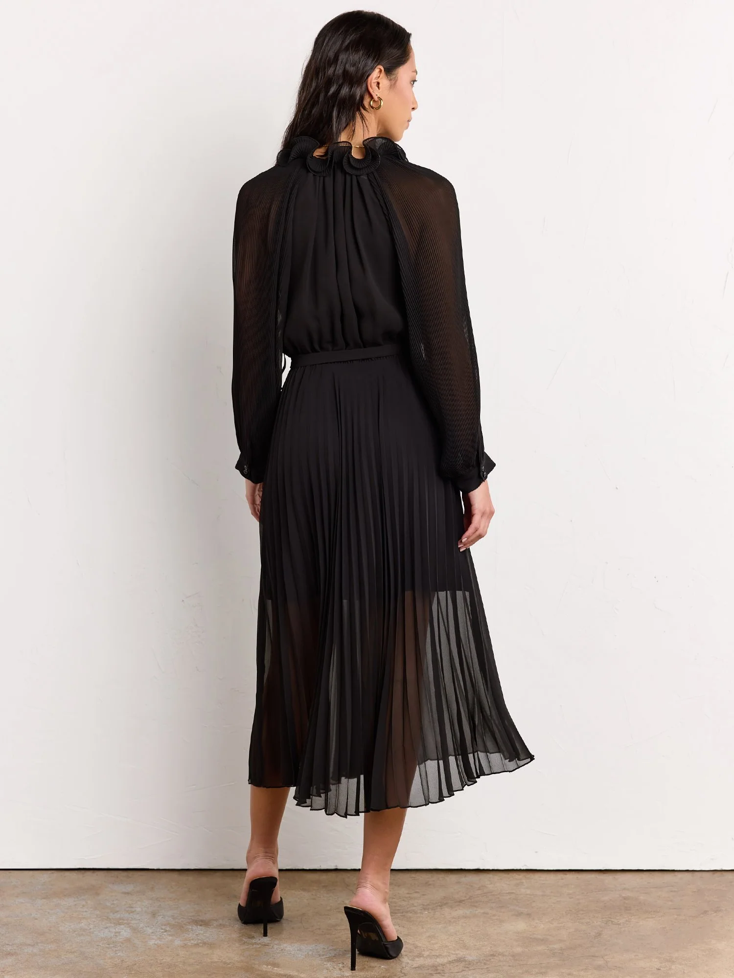Long-Sleeve Ruffle Neck Pleated Midi Dress - Luxy USA - Image 5