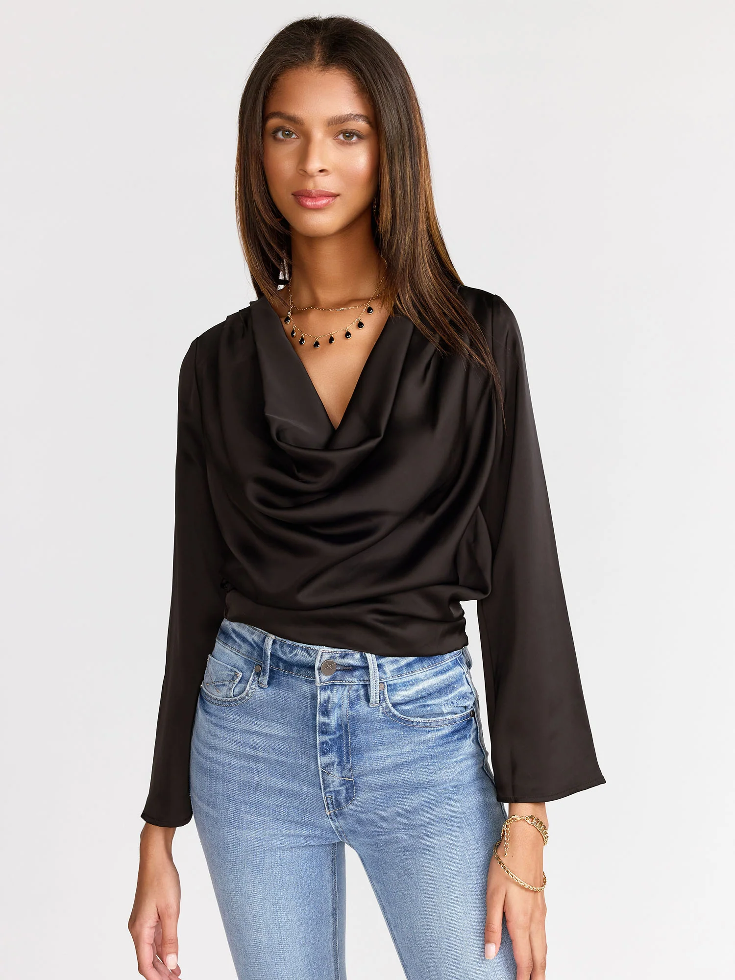 Long Sleeve Satin Draped Blouse - Luxy USA
