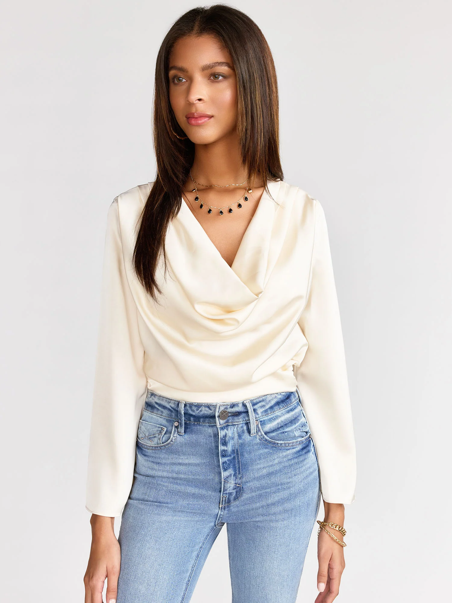 Long Sleeve Satin Draped Blouse - Luxy USA - Image 5