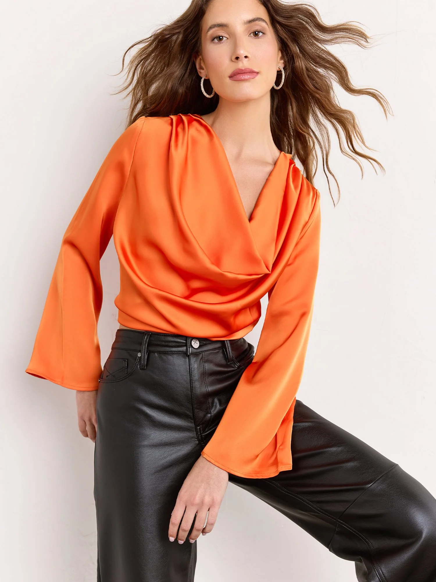 Long Sleeve Satin Draped Blouse - Luxy USA - Image 9