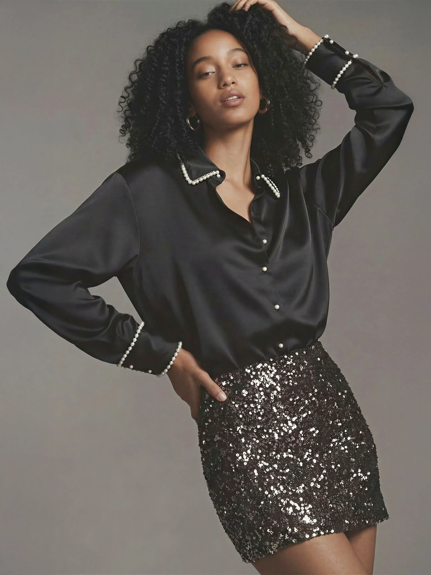 Satin Pearl Trim Button Down Shirt - Image 3