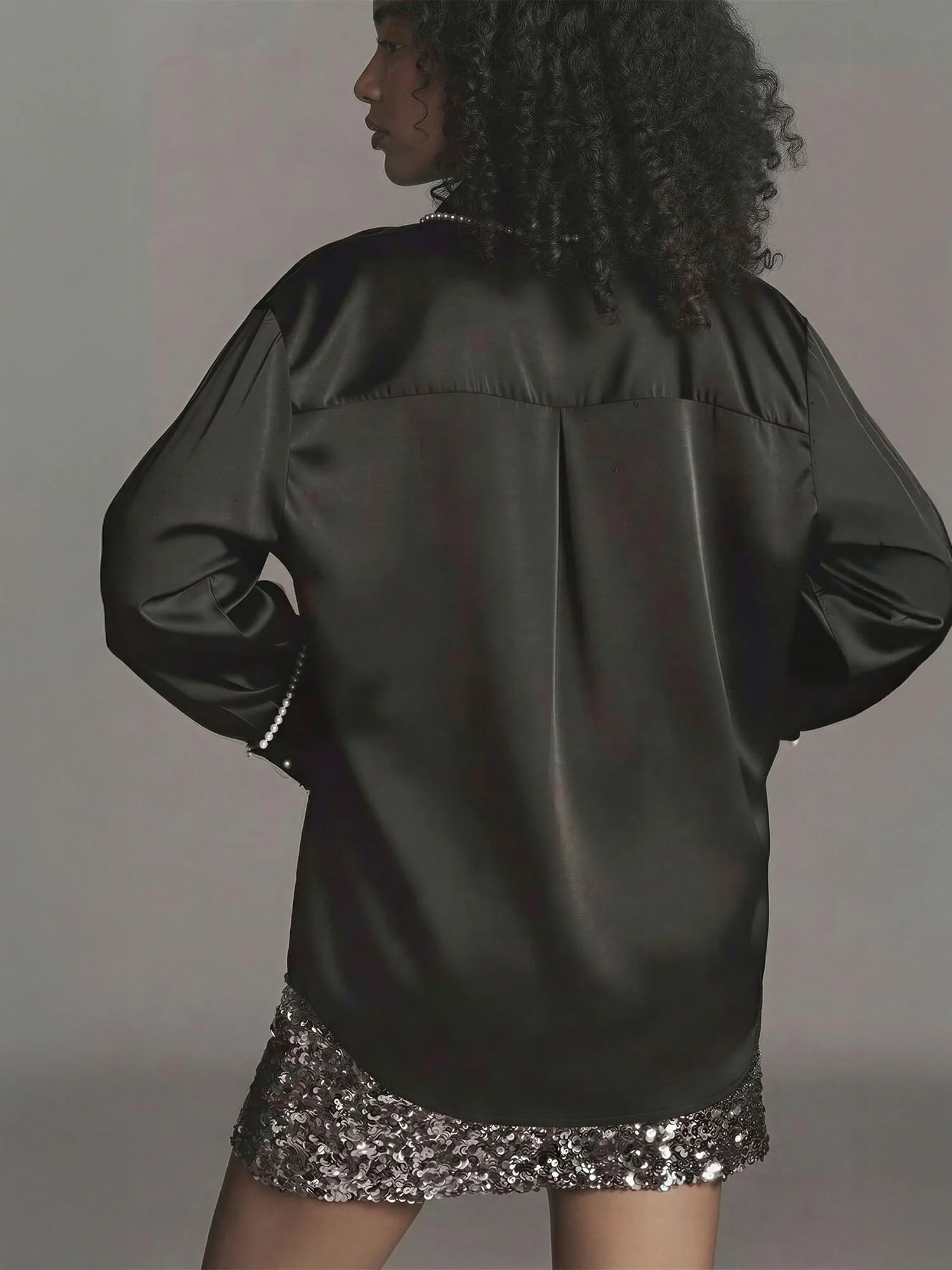 Satin Pearl Trim Button Down Shirt - Image 4